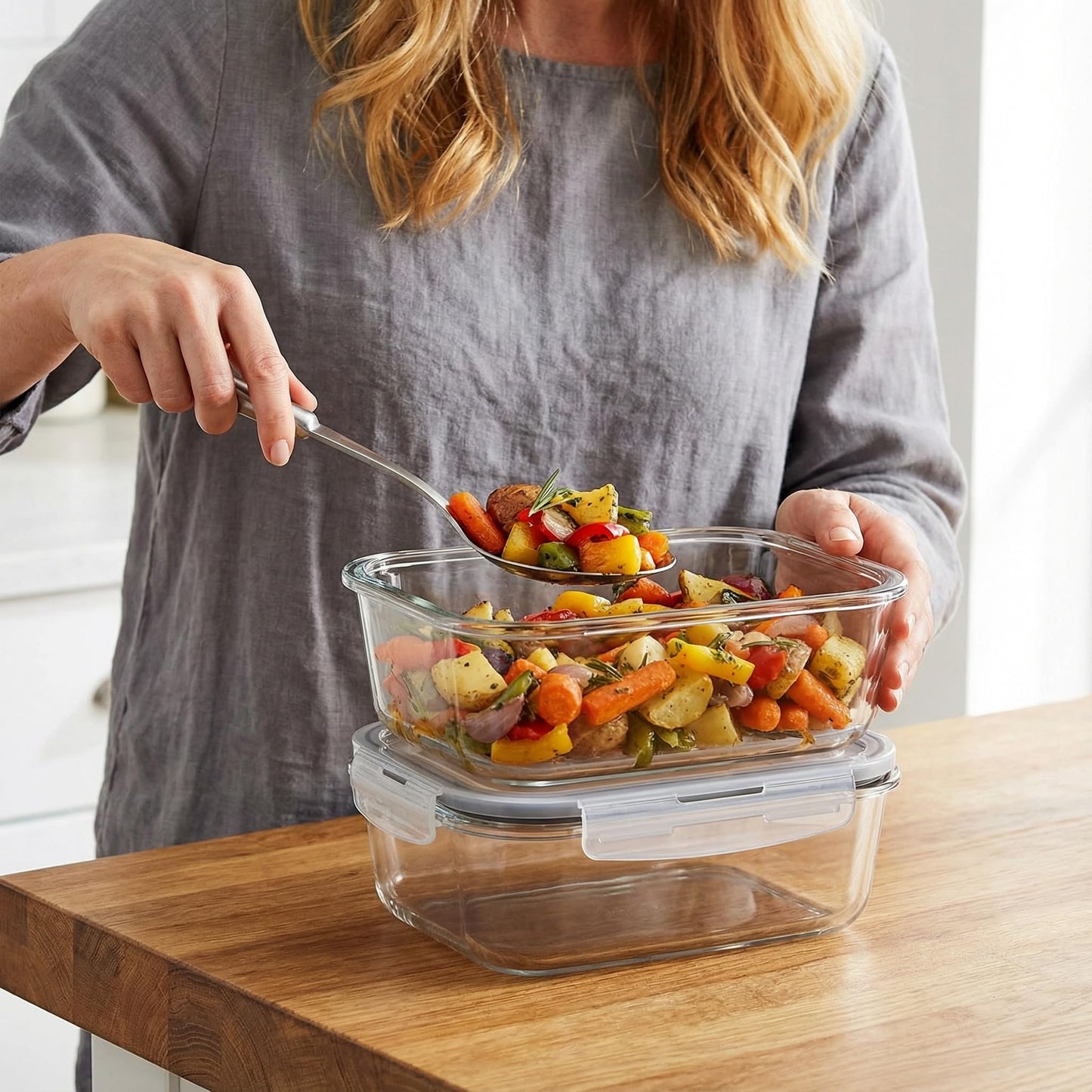 Peaktent 2 Pack 63oz Large Glass Storage Containers with Lids Big Meal Prep Food Container Set for Storing food, vegetables or fruits, BPA Free, Freezer Dishwasher Oven Safe (gray)