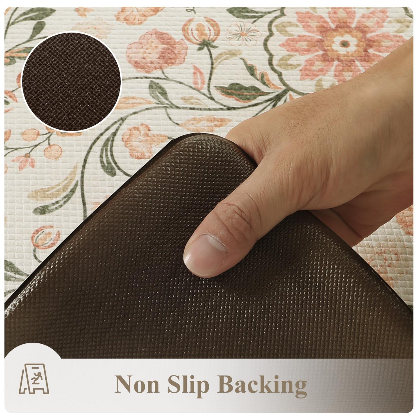 KIMODE Anti Fatigue Mats for Kitchen Floor Non Slip,Farmhouse Boho Floral Standing Kitchen Rugs Sets of 2,Comfort Cushioned Padded Ergonomic Carpet for Laundry Sink Office,Beige