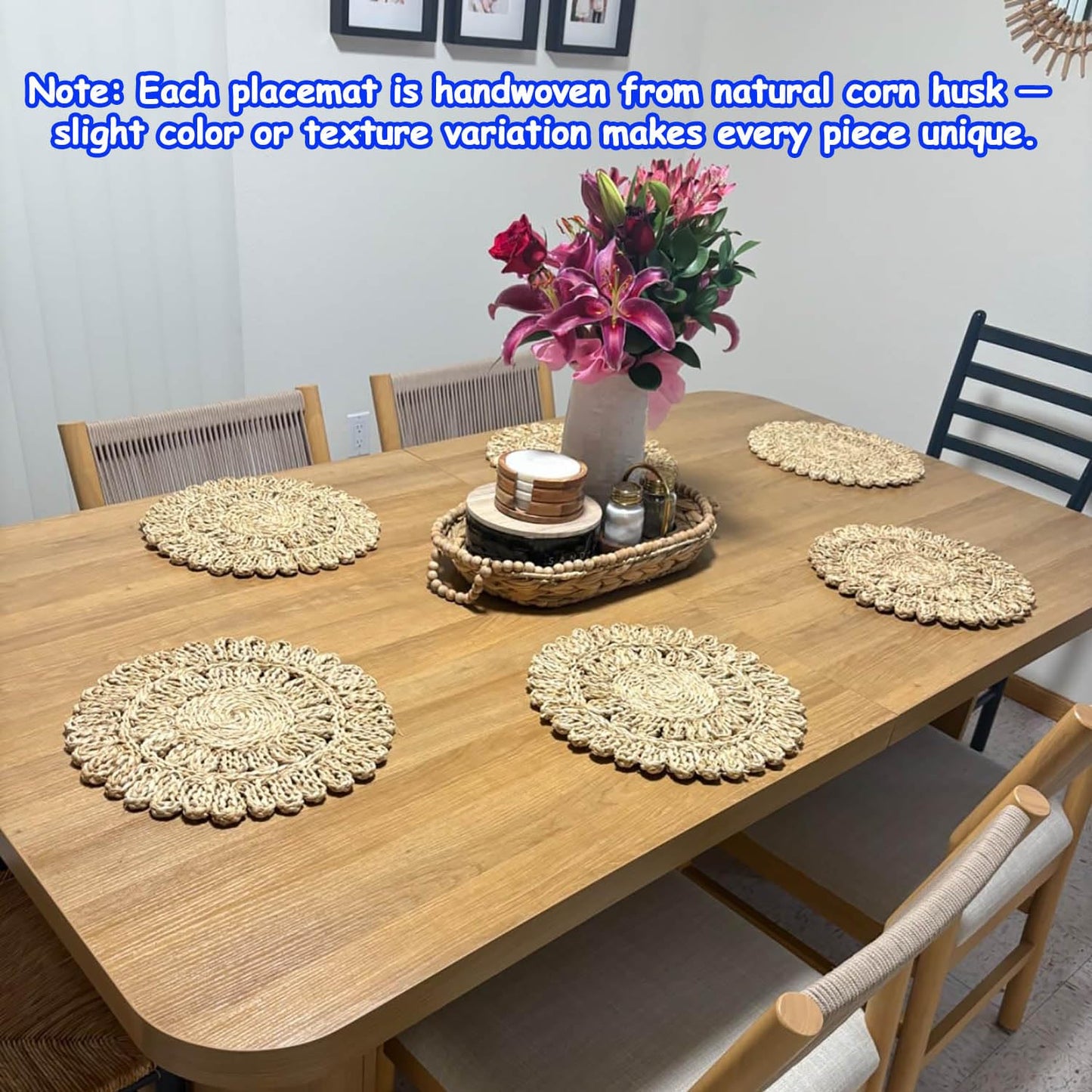 DELAQIKO 13.8" Round Corn Husk Placemats | Boho Woven Rattan Table Mats | Natural Spring Farmhouse Plate Chargers | Handmade Rustic Wicker Place Mats for Christmas Wedding (Set of 8)