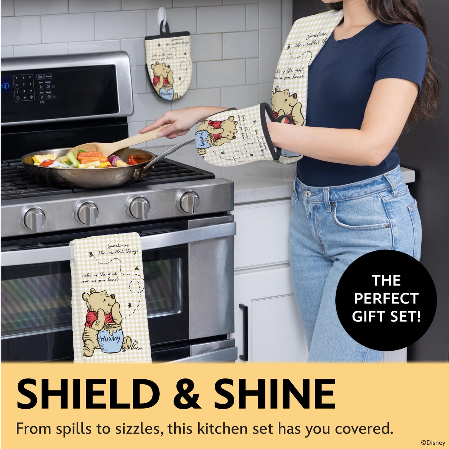 Disney Kitchen Towels & Oven Mitts Set – 4 Piece Bundle with 2 Cotton Dish Towels/Hand Towels & 2 Heat Resistant Mini Oven Mitts (Pot Holders) – Mickey, Stitch & Pooh (Winnie the Pooh)
