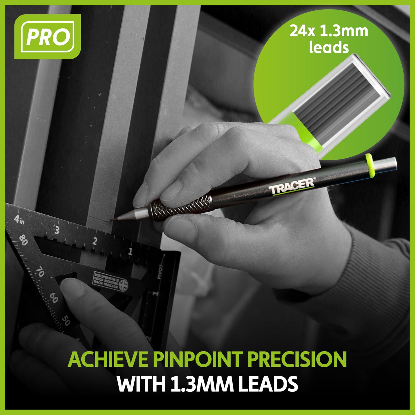 Tracer Pro Series Precision Pencil with 24 x Replacement 1.3mm Leads and Site Holsters - All-in-one Aluminium Precision Marking Kit APPK1-PRO