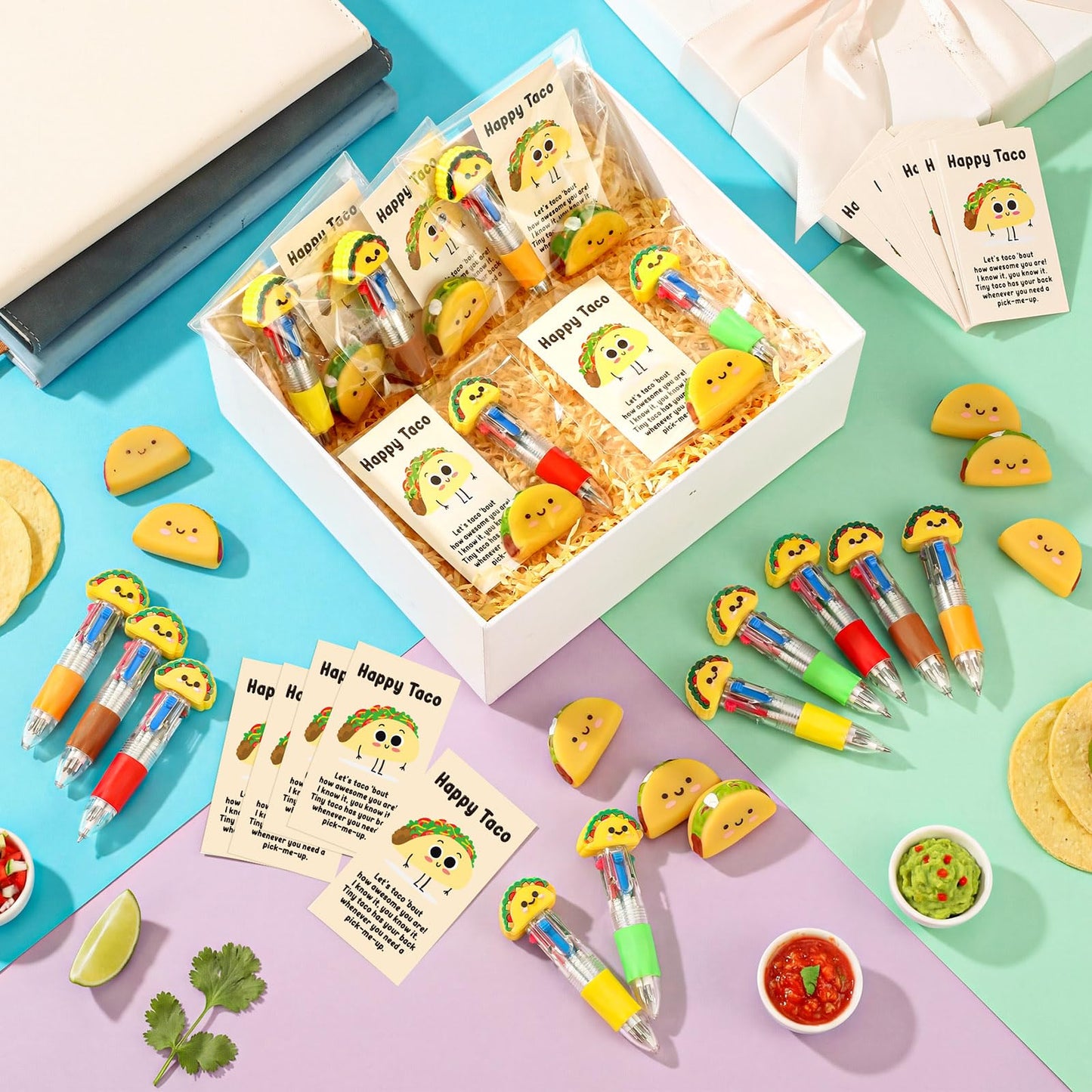 TaoBary 36 Sets End of Year Gifts for Student Mexican Taco Party Favor Motivational Gift Bulk with 4-in-1 Multicolor Pen Taco Mini Stress Balls Inspirational Card OPP Bag for Fiesta Office Desk Supply