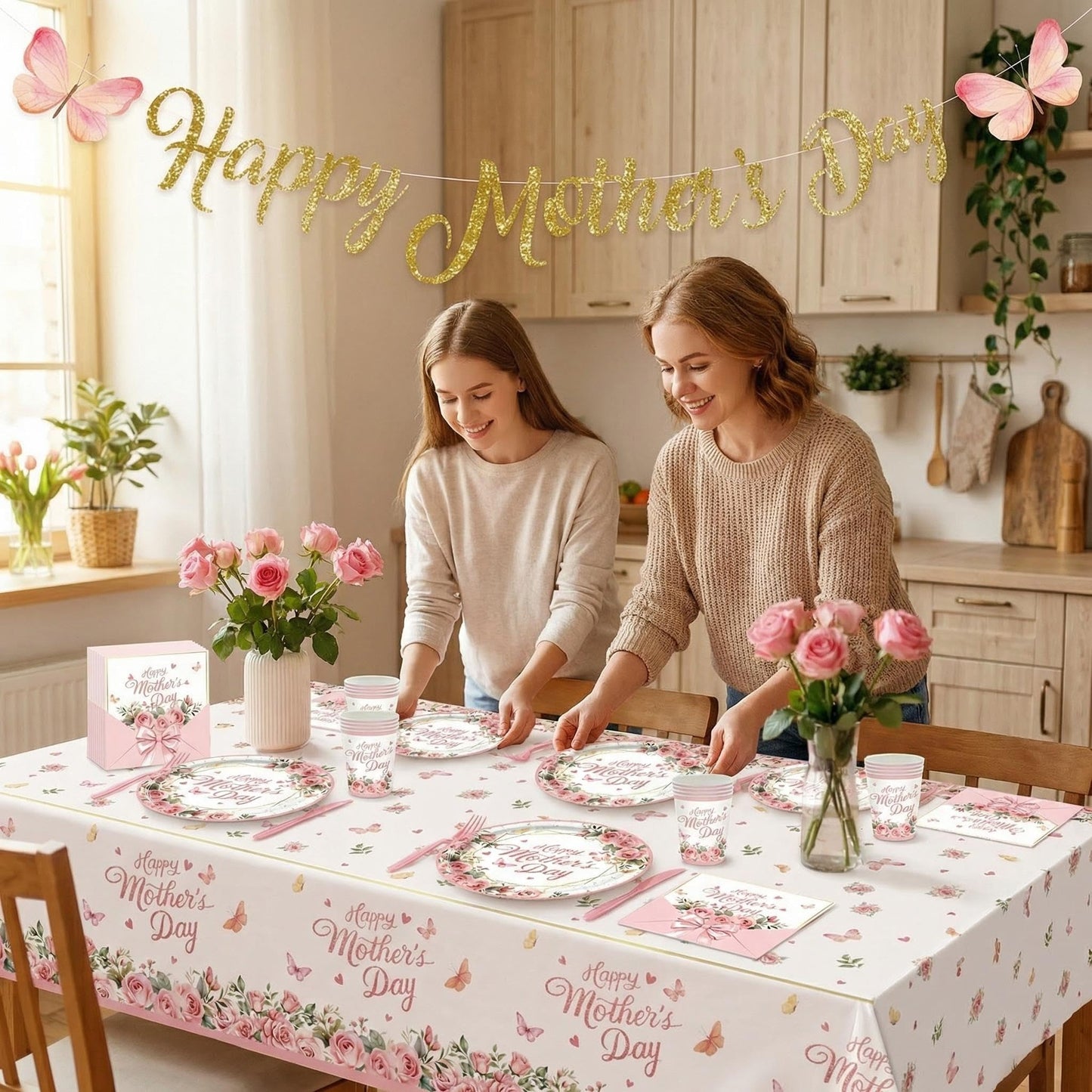 Happy Mothers Day Decorations Plates Set for Party - Serves 24, Includes Happy Mothers Day Banner, 2 Mothers Day Tablecloths, Pink Floral Plates, Napkins, Cups Table Decor Sign for Mom