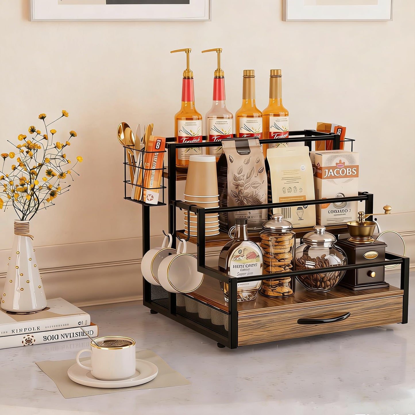 Countertop Coffee Syrup Rack Organizer, 4-Tier Wooden Holder Stand with 36 K Cup Storage Drawer for Coffee Bar Accessories,Condiment Storage Shelves for Kitchen,Home,Office,Restaurant