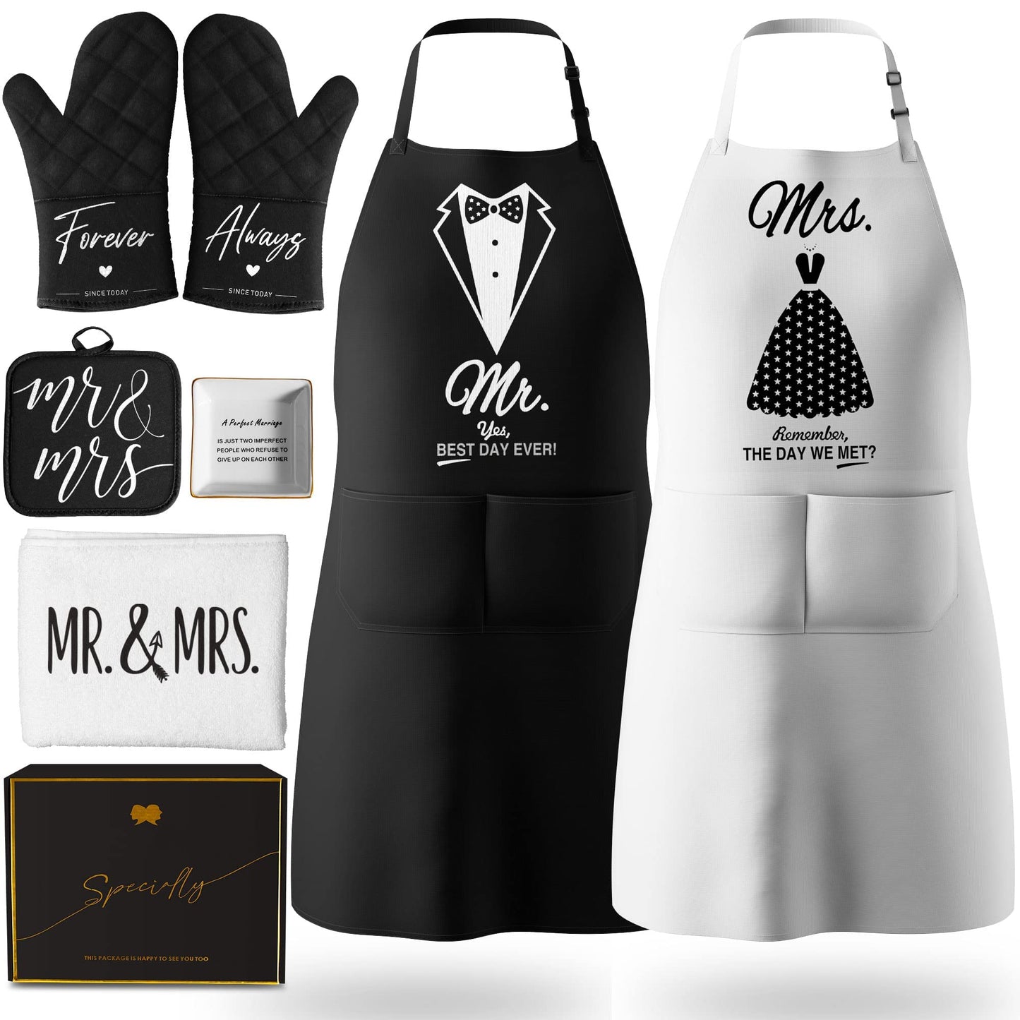 CITTA Mothers Day Gifts for Women Mom Her, Mr and Mrs Aprons for Couples Gifts - Anniversary, Bridal Shower, Wedding, Engagement gift for Couples, His and Her, 8 Pack Kitchen Cooking Apron Gift Set