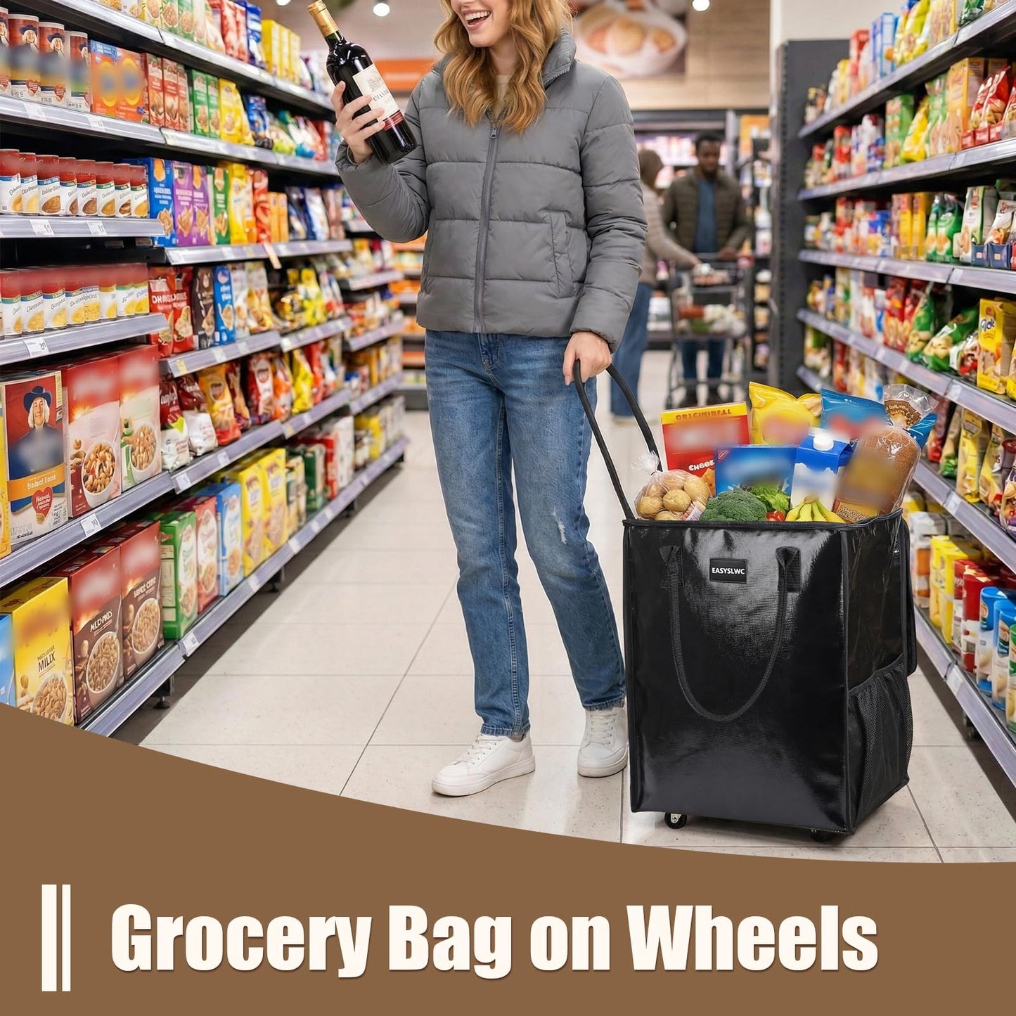 Reusable Hauler Rolling Tote Bag, Collapsible Portable Shopping Cart with Wheels for Groceries, Apartments Laundry, Organization , Heavy Duty Utility Tote, Basket with Wheels, Travel and Moving, 75lbs