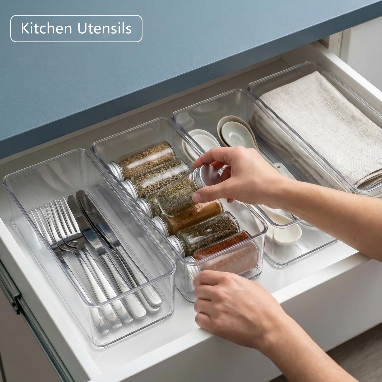 Qilinba 8 PACK Drawer Organizer Bins Bathroom Deep Drawer Silverware Organizers Clear Stackable Storage Bins for Vanity, Pantry, Office, Cabinet, Kitchen Counter Organization and Storage