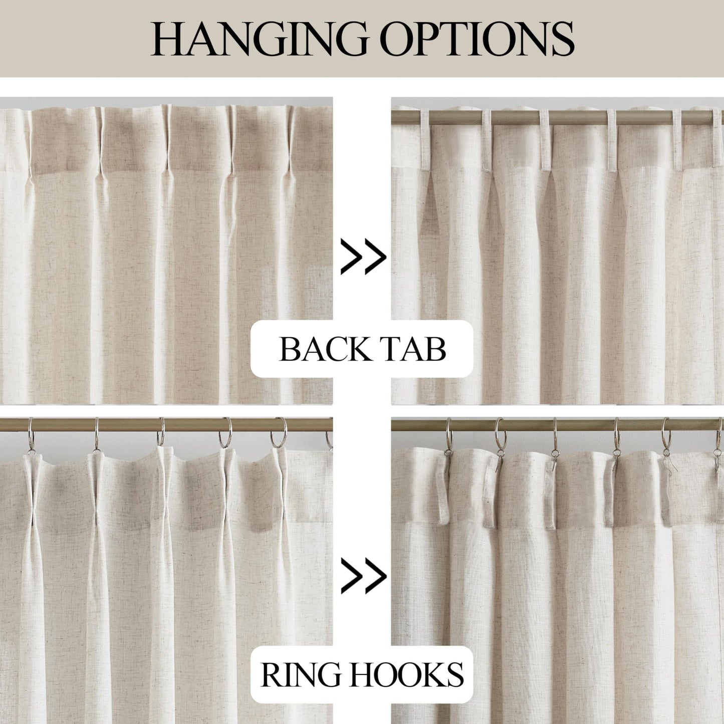 Vision Home Natural Pinch Pleated Semi Sheer Curtains Textured Linen Blended Light Filtering Window Curtains 90 inch for Living Room Bedroom Pinch Pleat Drapes with Hooks 2 Panels 42" Wx90 L
