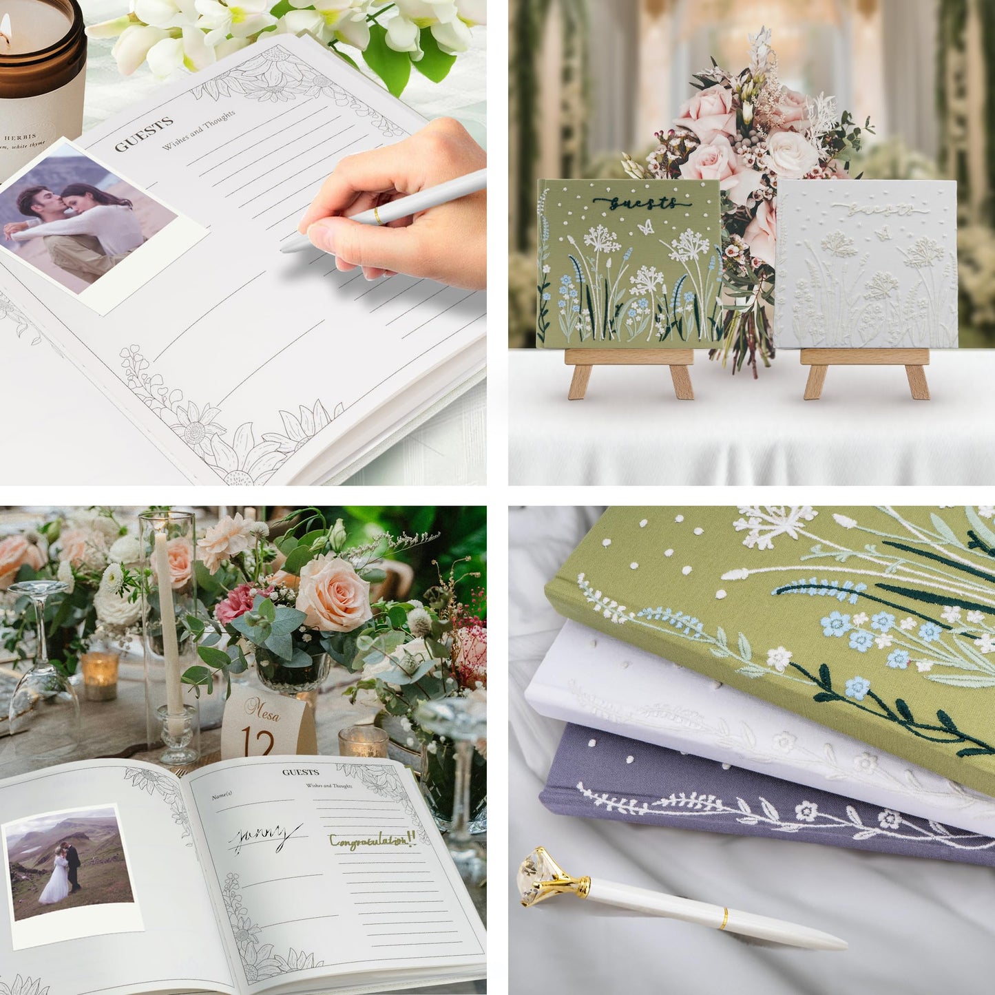 Gatyko Embroidered Wedding Guest Book—The Perfect Polaroid Guest Book for Wedding Receptions， Birthdays, Baby Showers, and Special Events with 3 Photo Corner Stickers+ 3 DIY pens+1 Diamond Pen(Cream)