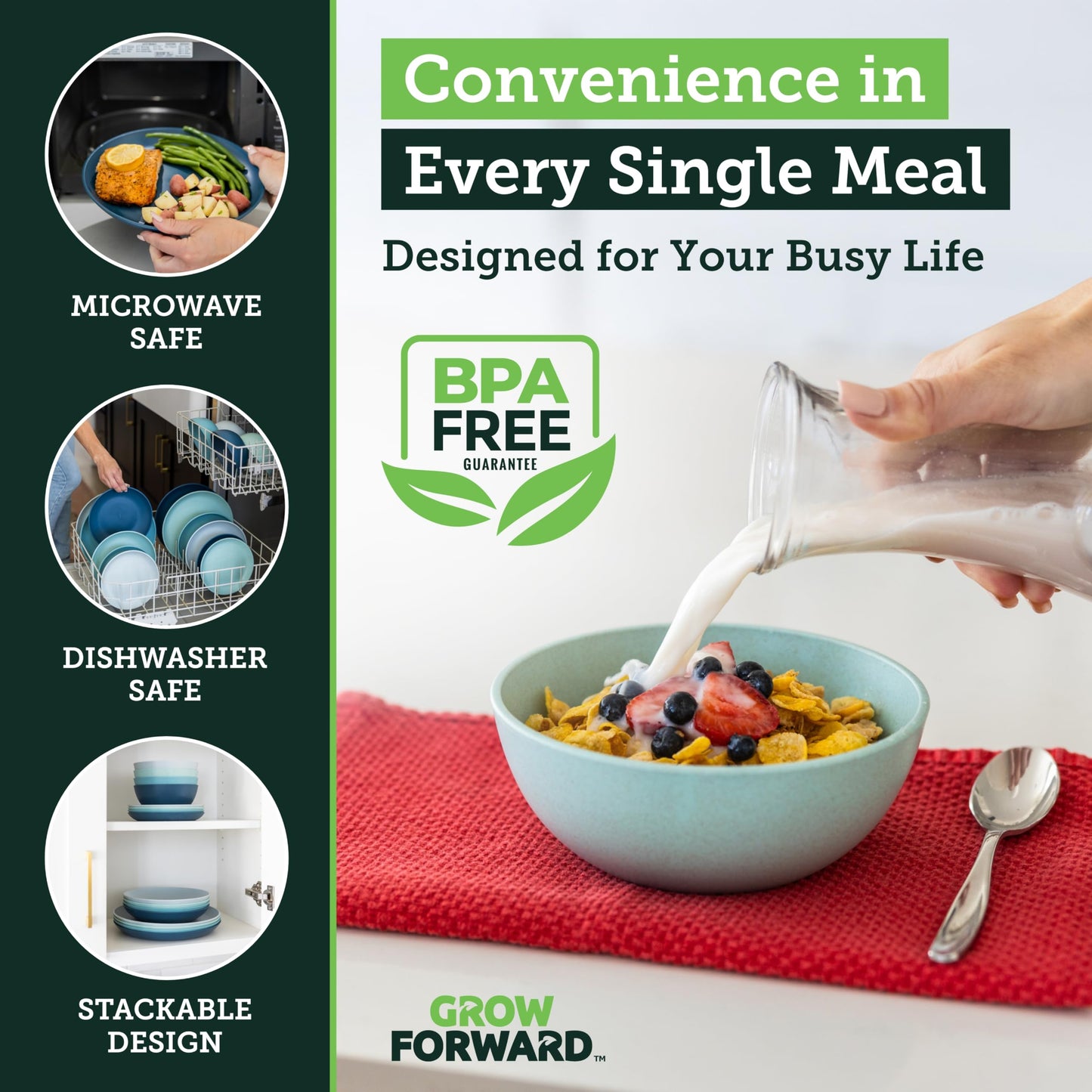 Grow Forward 16-piece Premium Wheat Straw Dinnerware Sets for 4 - Unbreakable Dishwasher & Microwave Safe Plastic Plates and Bowls Sets - Patio, Outdoors, RV, Camping Dishes - Seascape