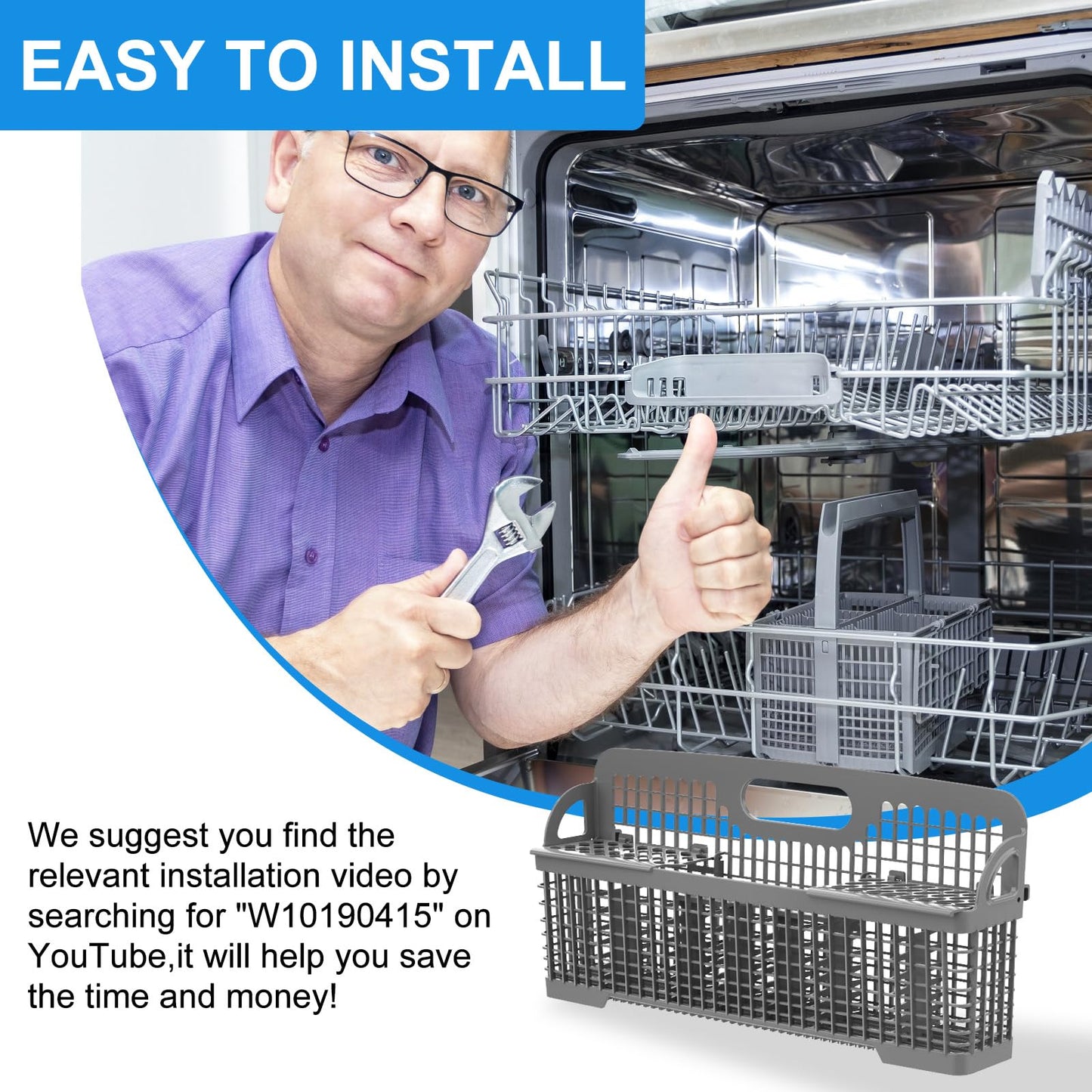 Upgrade W10190415 8531233 Universal Dishwasher Silverware Basket, Compatible with Kitchenaid Whirlpool Kenmore Dishwasher Utensil Basket Replacement KDFE104HPS0 KDTM354DSS4 WP8562043 Silverware Basket