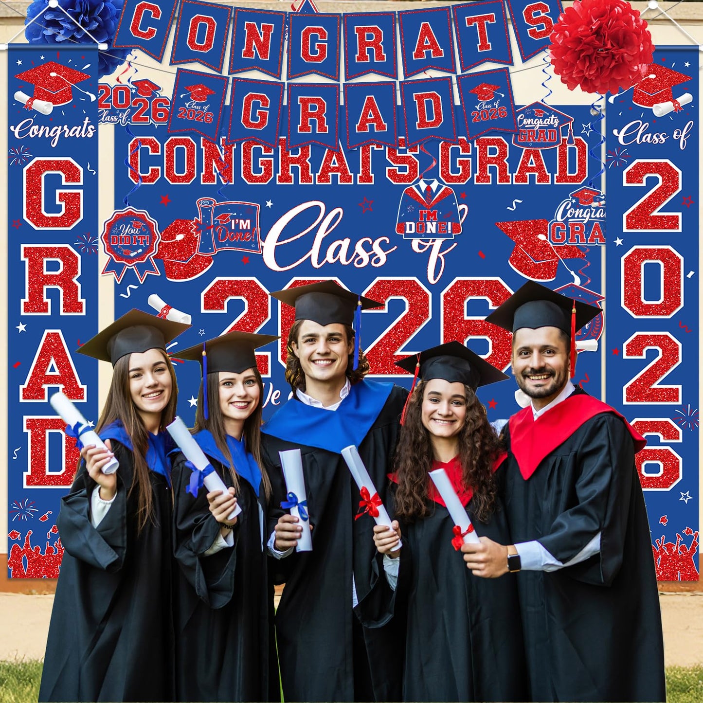 Graduation Decorations 2026 Congrats Grad Banner Kit with Class of 2026 Backdrop Porch Sign Hanging Swirls Honeycomb Centerpieces Balloons Box for Grad Party Decorations (Navy Blue-Red)