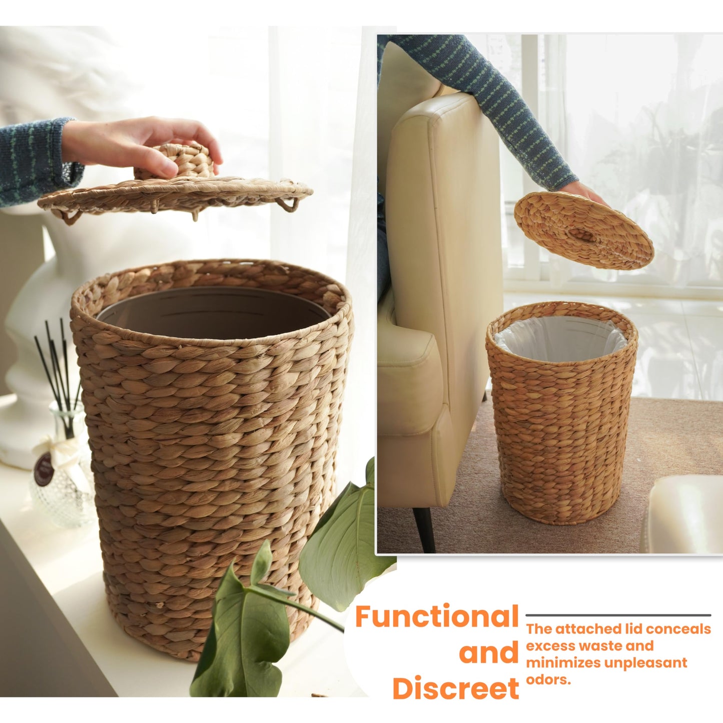Tidita 4 Gallons Wicker Waste Basket - Water Hyacinth Bathroom Garbage Can with a Lid - Bathroom Trash Can Boho Style - Wicker Trash Can with Lid for Household, Kitchen - Removable Liner, Iron Frame