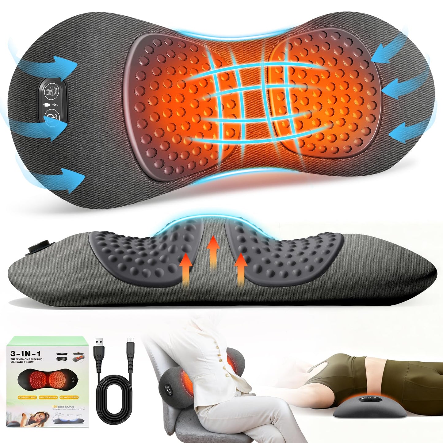 3-in-1 Electric Lumbar Support Pillow,Triple Fusion Back Massager with Heat,Vibration&Traction,Back Support Pillow for Bed and Chair,Lumbar Support Pillow for Lower Back Pain Relief&Spine Support-Gray