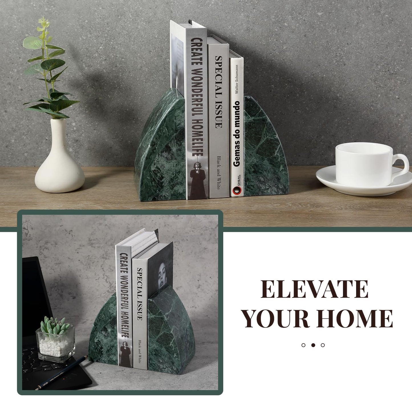 Koville Marble Bookends for Shelves, 8Lbs Large Stone Bookends for Heavy Books, Non-Slip Heavy Duty Book Stopper, Modern Decorative Book Ends for Bookshelf Table Home Decor(Green)