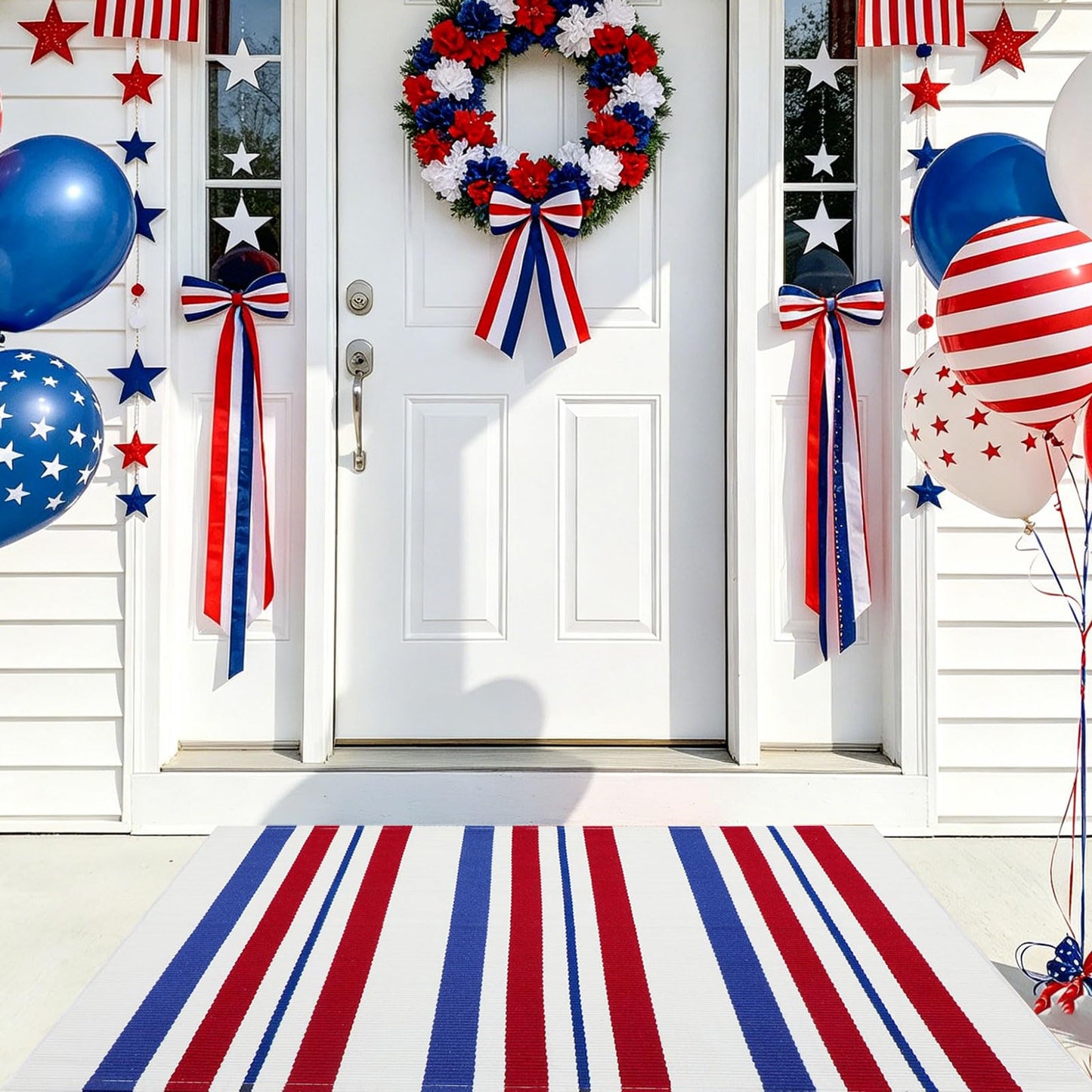 USA 250th Anniversary Patriotic Doormat, 2'4" x 3'7" Red White and Blue Striped Outdoor Rug, Washable Farmhouse Front Porch Welcome Mat for Memorial Day, 4th of July, and Independence Day Decor