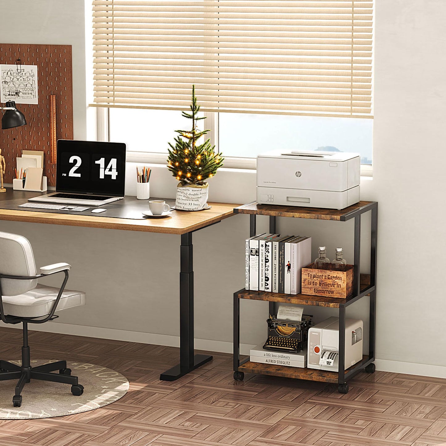 Mexin Printer Stand-Small 3 Tier Printer Table with Wheels, Industrial Rolling Printer Cart with Storage Shelf for Scanner Fax Home Office Use,17.5 x 11.8 Inches, Rustic Brown