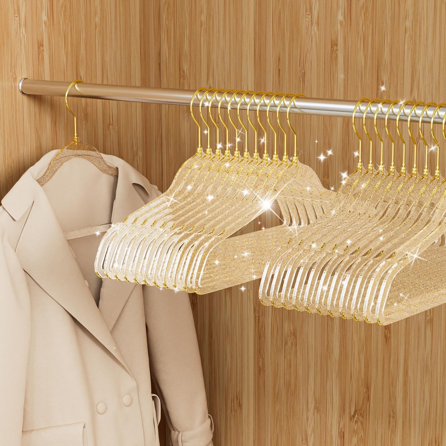 50 Pack Clear Plastic Hangers with Gold Glitter, Acrylic, Ultra Slim, Space Saving, for Coats, Pants, Suits, Shirts, Skirts, Dress Clothes