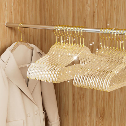 50 Pack Clear Plastic Hangers with Gold Glitter, Acrylic, Ultra Slim, Space Saving, for Coats, Pants, Suits, Shirts, Skirts, Dress Clothes