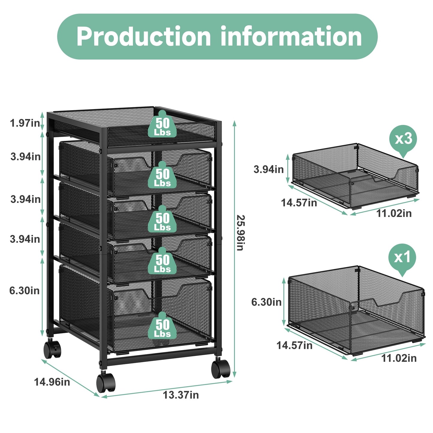 keomaisyto 5-Tier Kitchen Storage Cart with Top Basket & Drawers, Fruit and Vegetable Storage Rack on Wheels, Metal Rolling Cart with Drawers & Kitchen Organization for Snacks, Potatoes, Onions, Cans