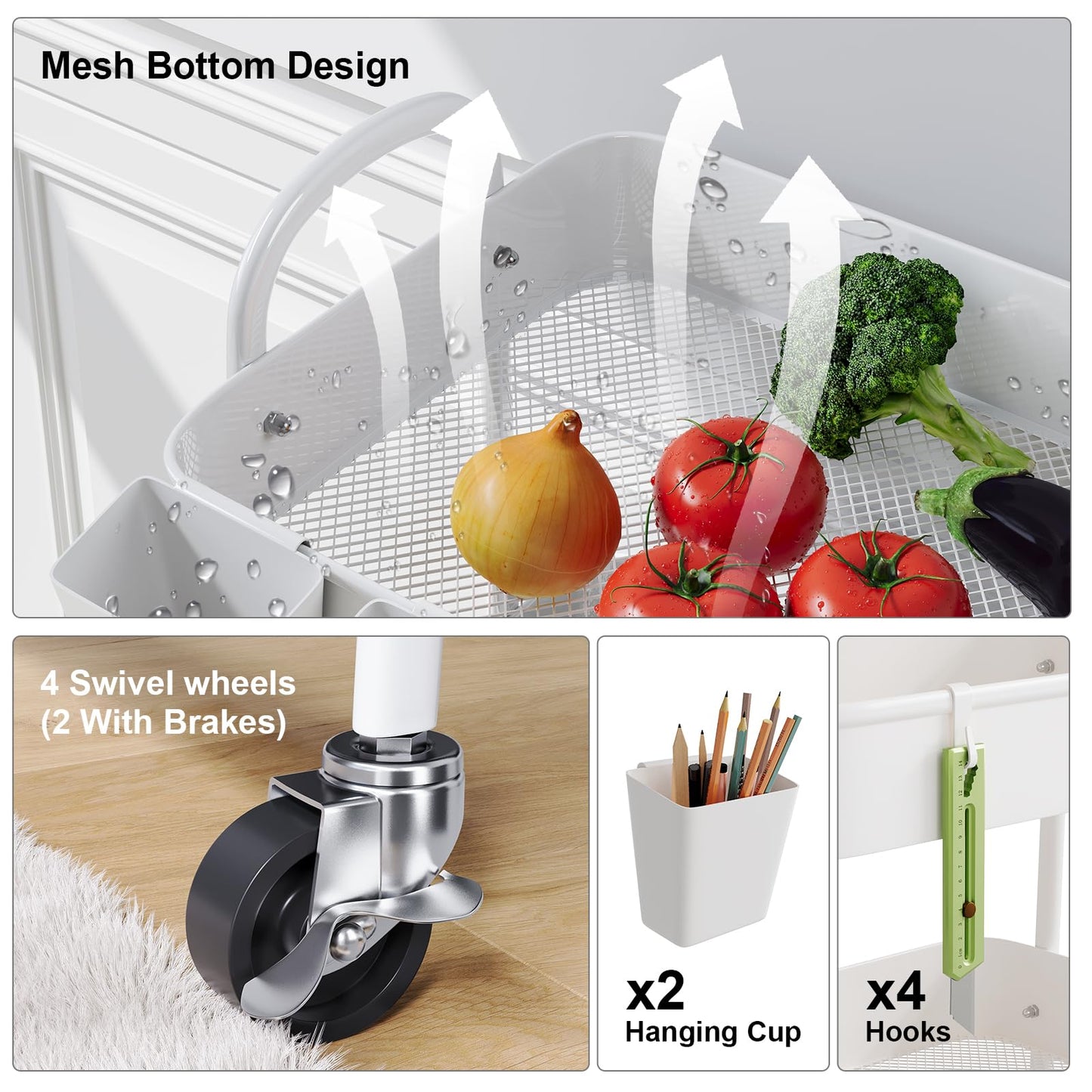 White 4 Tier Rolling Cart Metal with Wheels, Heavy Duty Utility Storage Organizer Carts on Wheels, Four Tiered Roller Cart for Kitchen, Book, Snack, Craft, Art, Dorm, Large Capacity Basket, 38in Tall
