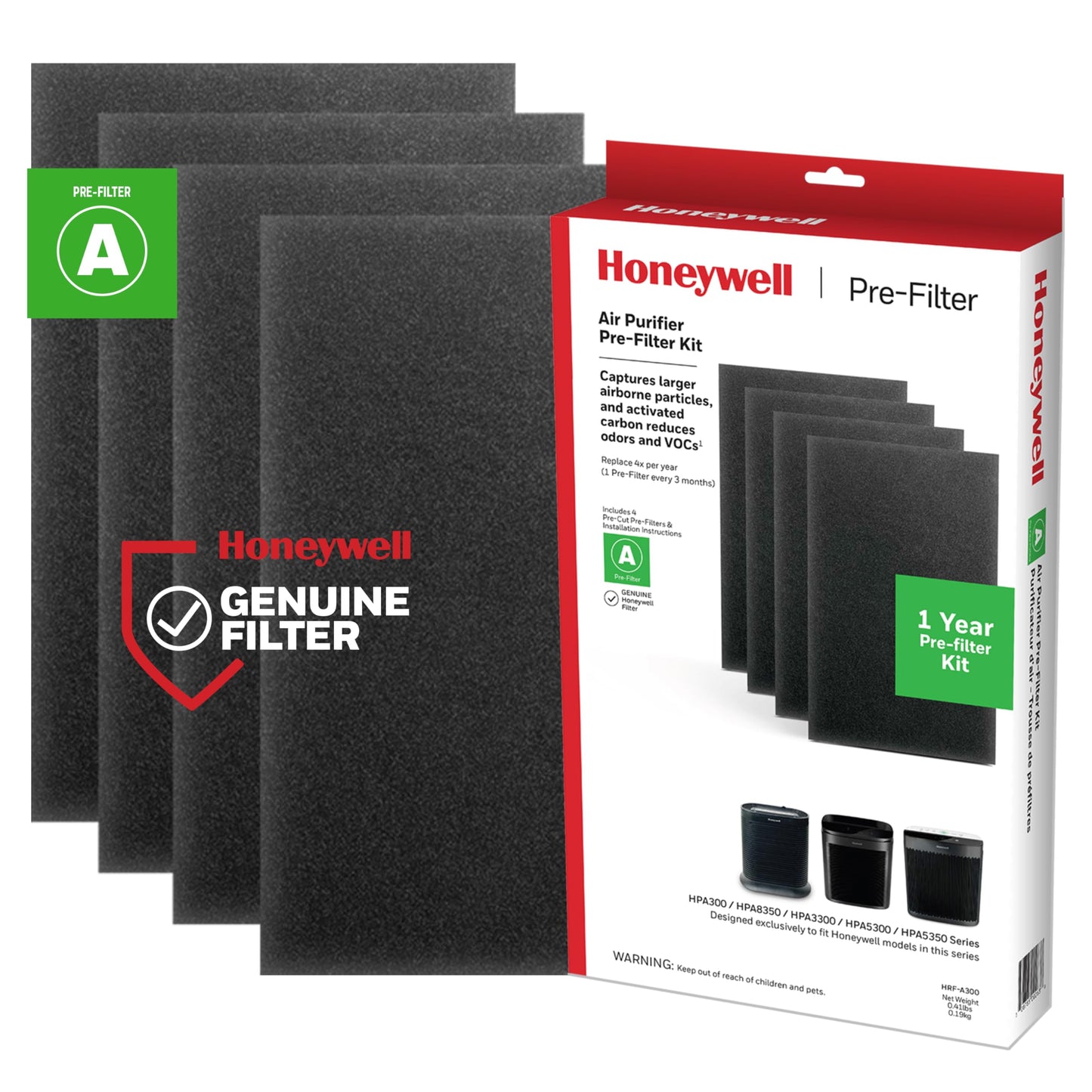 Honeywell HRF-A300 Pre-Filters for Air Purifiers, 4-Pack, Activated Carbon Reduces Household Odors and VOCs, Compatible with Select Honeywell HEPA Air Purifiers