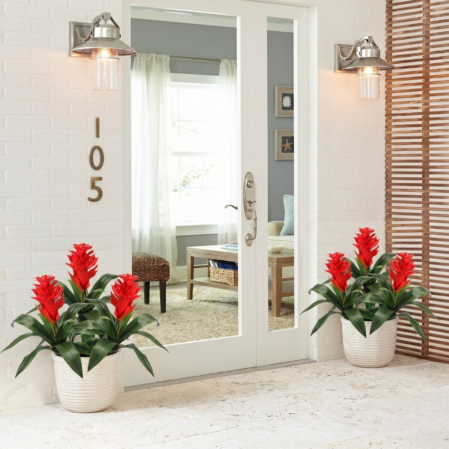 Hotop 6 Pack 16'' Artificial Tropical Bromeliad Flower Fake Ginger Torch Red/Yellow Bromeliad Plant New House Gift for Indoor Outdoor Patio Garden Home Decor (Red)
