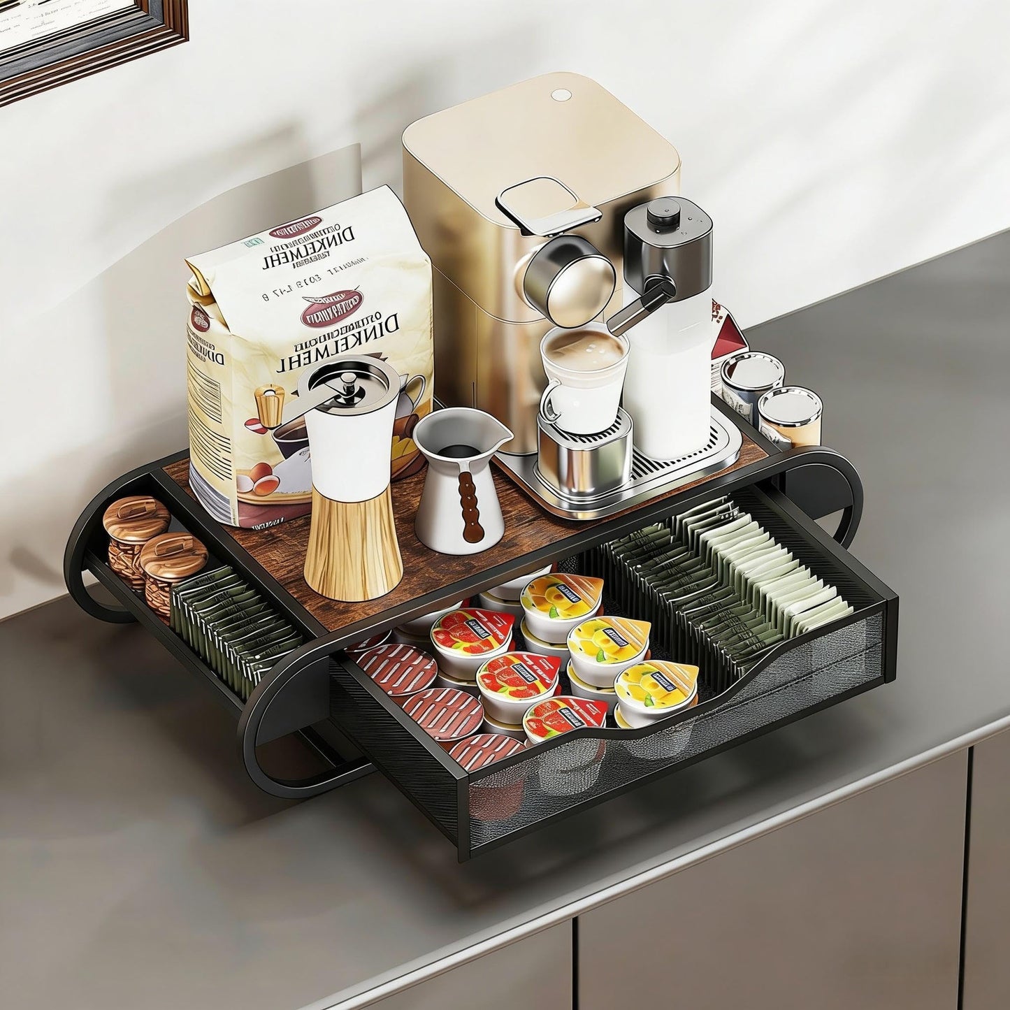 SANRETAHO Coffee Pod Holder with Drawer, Wooden Coffee Station Organizer for Countertop, K Cup Storage Rack and Kitchen Organizer, Rustic Brown