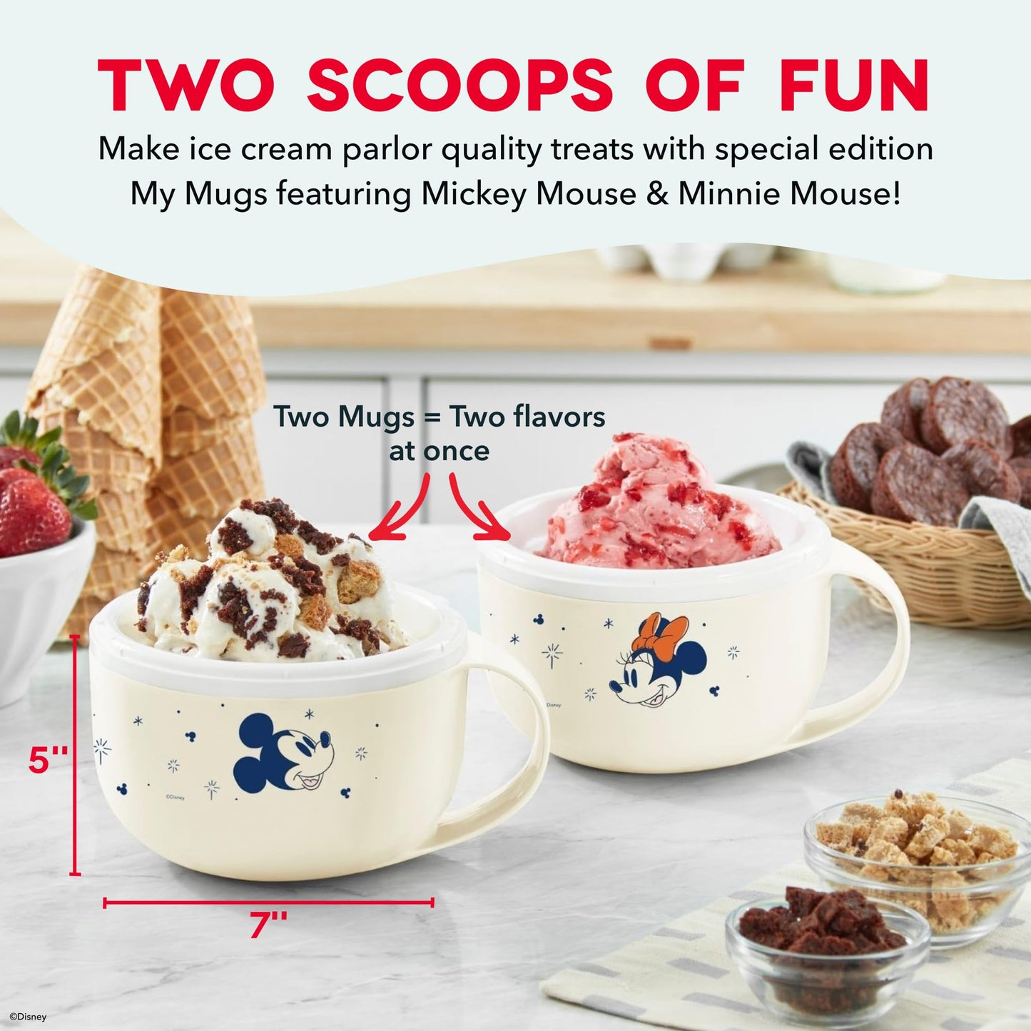 Disney Dash My Mug Ice Cream Maker Bundle - Mini Electric Ice Cream Maker - Creates Gelato, Sorbet & Frozen Yogurt - Easy to Clean & Use - 2 Mugs, Mickey & Minnie Design
