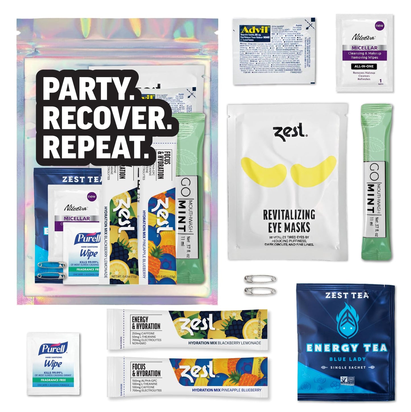 10 Piece Pre-Filled Gift Bags (10 Pack) - Essential Gift Bag - Wedding, Birthday, or Bachelorette Party Favors - Zest Hydration Packets, Gum