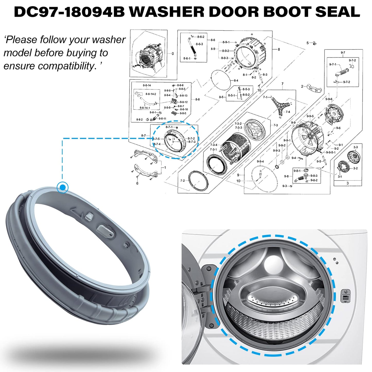 DC97-18094B Washer Door Boot Seal Gasket Diaphragm for Samsung Washing Machine WF42H5000AW/A2 WF42H5100AW/A2 WF42H5200AF/A2 WF42H5200AP/A2 WF42H5200AW/A2 Replace PS9606239 AP5917067 EAP9606239 4000547