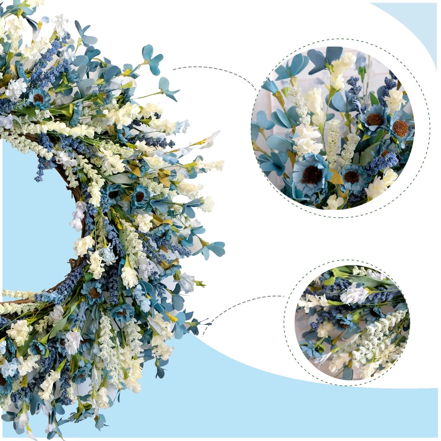 Egolot 26 Inch Summer Spring Blue Ivory Lavender Flower Wreath for Front Door, Rustic and Farmhouse Wild Flowers Wreath for Inside and Outside, Coastal Blue Home Decorating