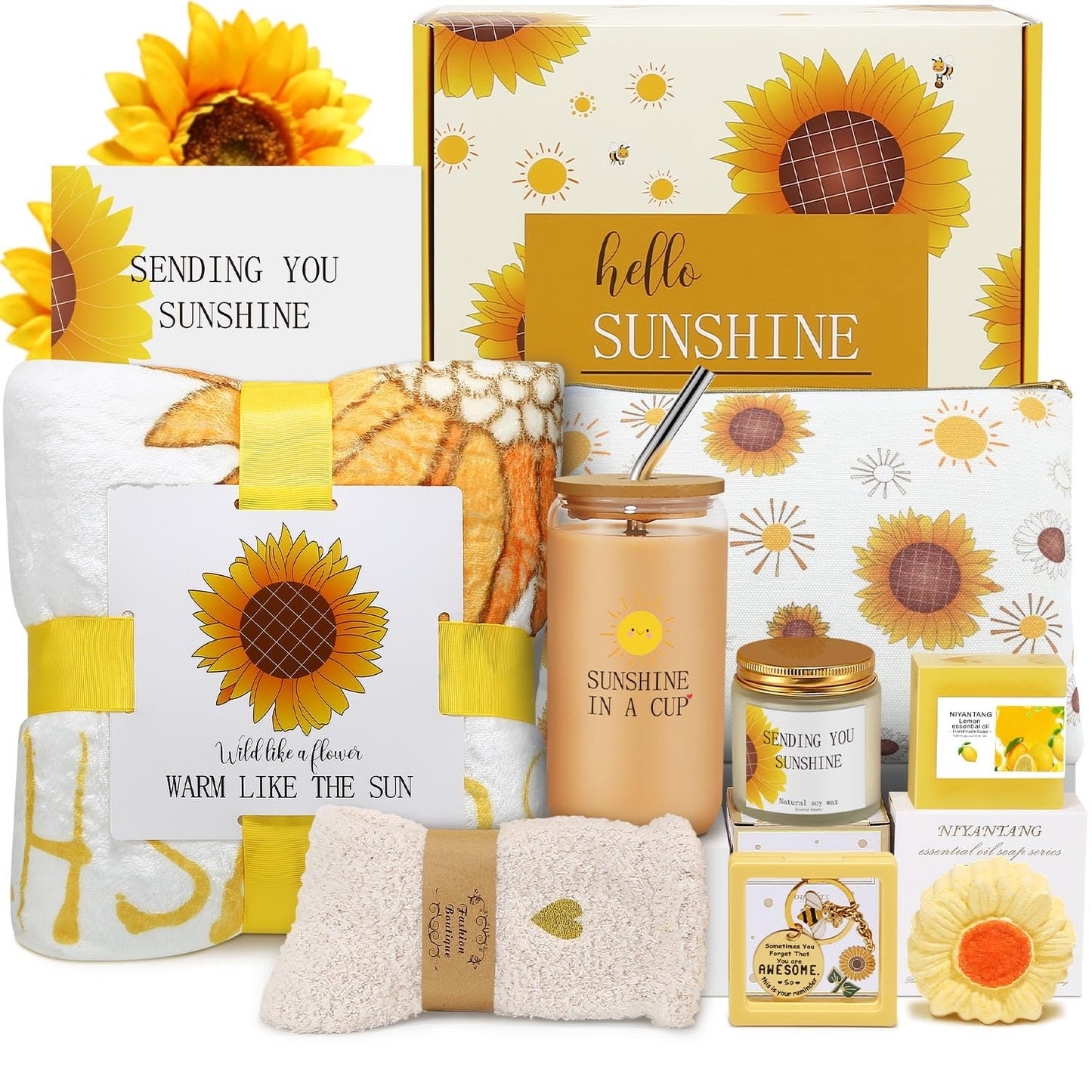 Mothers Day Gifts for Mom Wife Grandma, Sending Sunshine Self Care Get Well Gift Baskets, Relaxation Spa Gifts Set with Luxury Blanket, Birthday Gifts for Women Friend Mom Sister