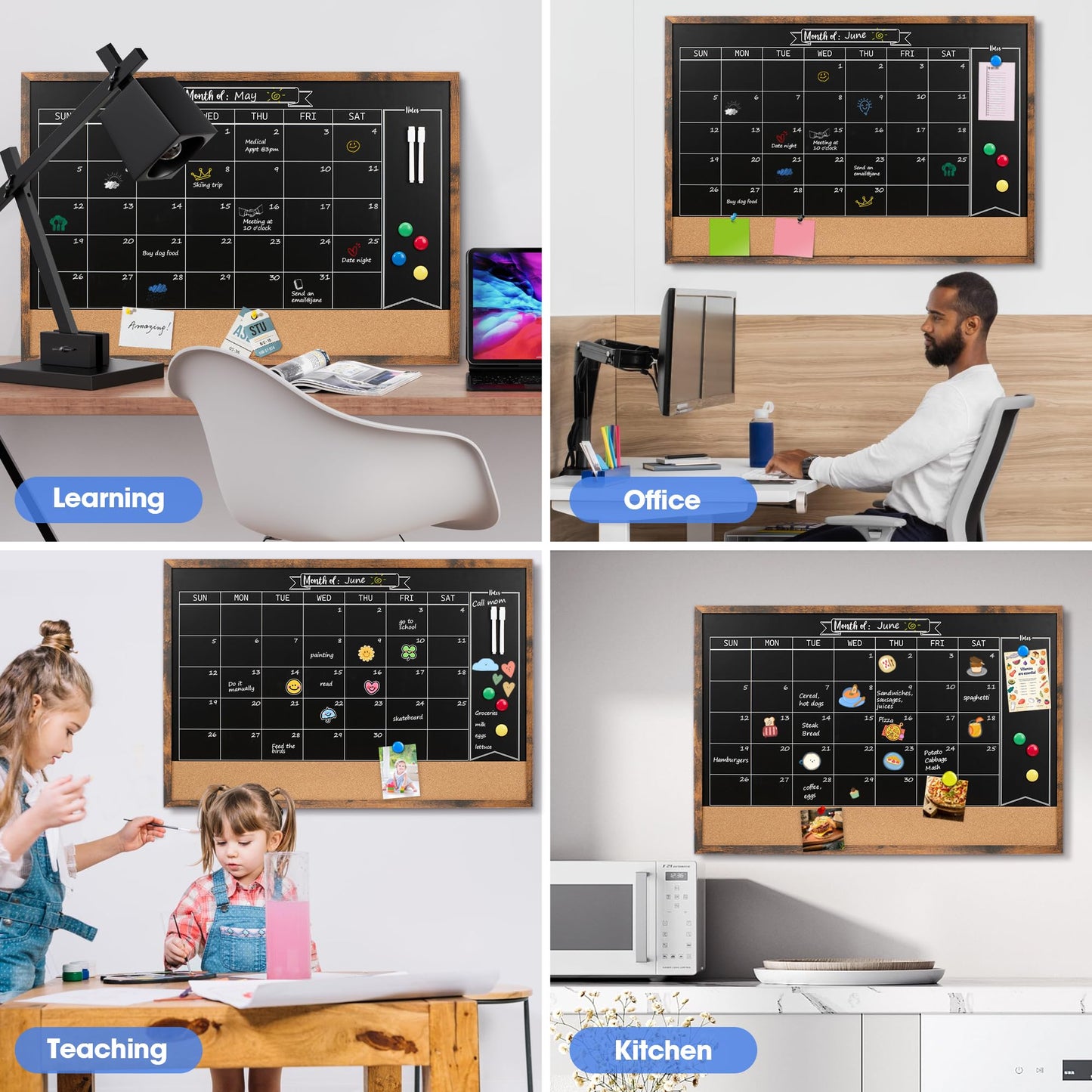 Board2by Monthly Chalkboard Calendar & Cork Board Combo, 24" x 36", Magnetic, Wall Mounted, Blackboard for Office, Kitchen, School, Home