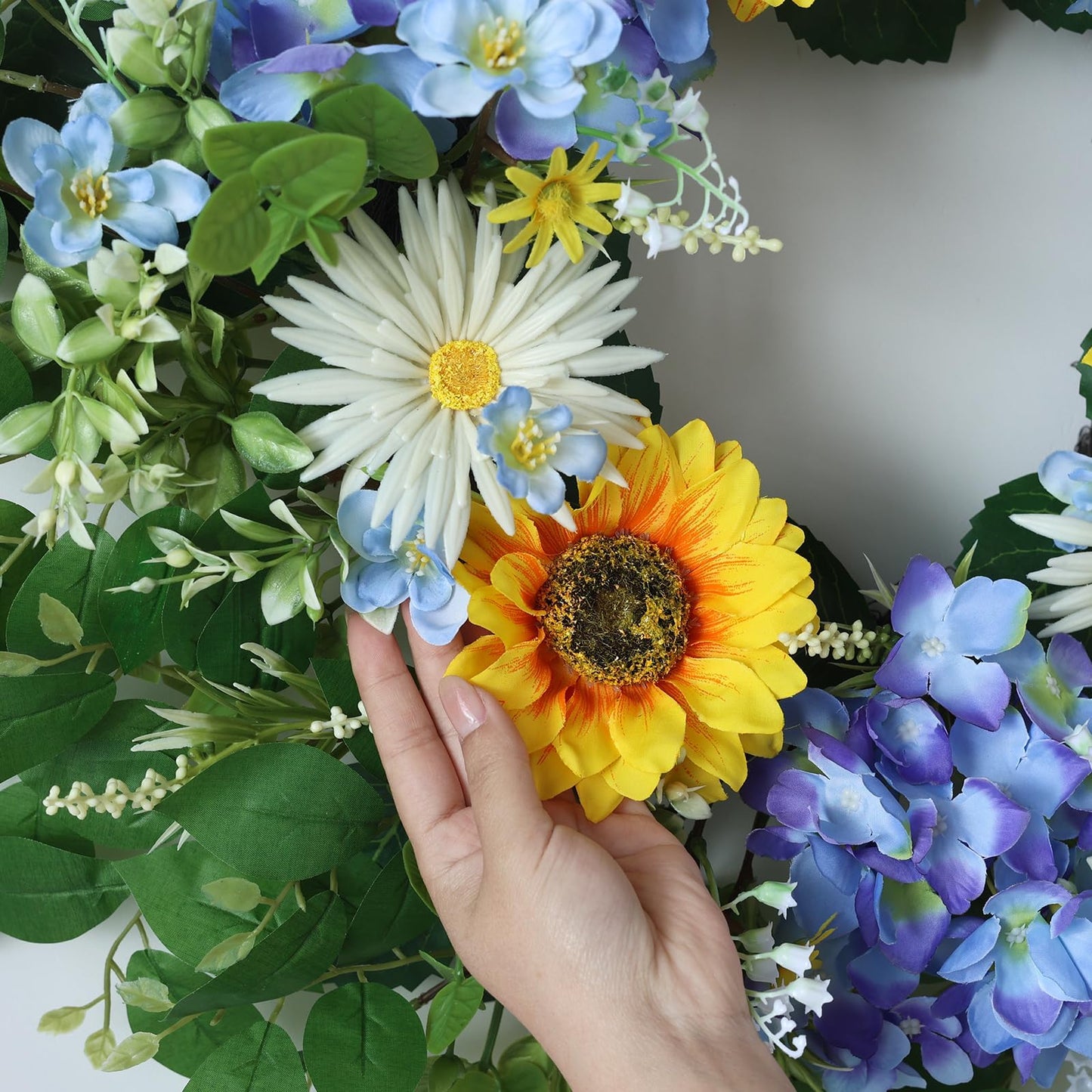 26" Large Artificial Flower Wreath for Front Door Outside – Spring Summer Wreath with Lifelike Sunflowers, Fake Blue Hydrangea Flowers for Indoor Outdoor Mantel,Window,Farmhouse,Home,Wall Decor