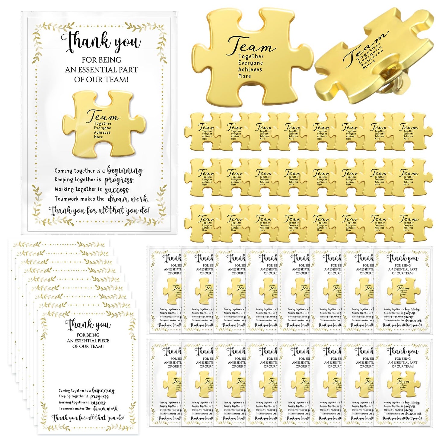 Solsew 60 Sets Teacher Appreciation Gift for Employees Puzzle Piece Lapel Pins Bulk with Thank You Cards for Team Nurse Volunteer Staff Coworker Office Soccer Baseball Team Building Ems Cna Week Gift
