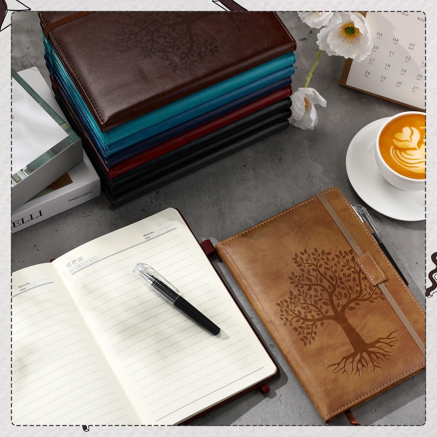 Estune 10 Pack Lined Journal Notebook A5 Tree of Life Hardcover Leather Journal with 10 Pen, College Ruled Notebook for Travel, Business, Work, Office, School Note Taking Diary(Retro Dark Color)