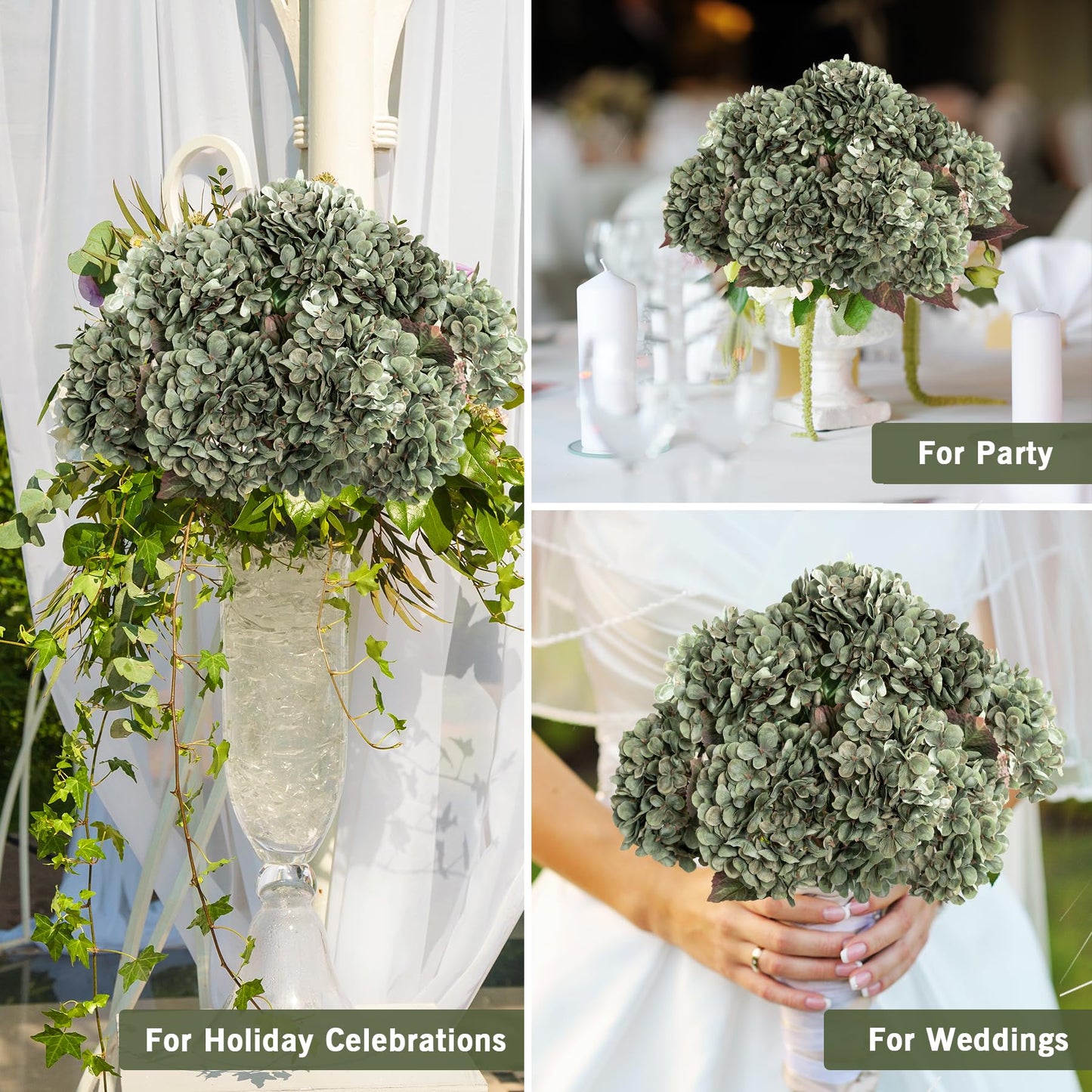 Uqueeten Hydrangea Artificial Flowers,Green Artificial Flower Fake Silk Hydrangea, Heads Bouquet with Stems Bulk for Fall Decoration Table Center Indoor Outdoor Faux Floral Plants 8pcs (Green)