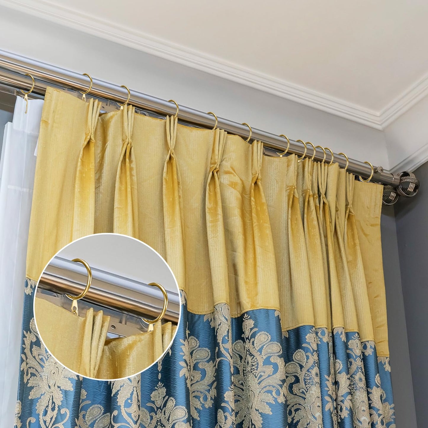 Hotop 60 Pieces 1.26 Inch Metal Drapery Curtain Rings Curtain Hanging Rings and 60 Pieces Metal Drapery Pin Hooks for Drapes Window Door Shower (Gold)