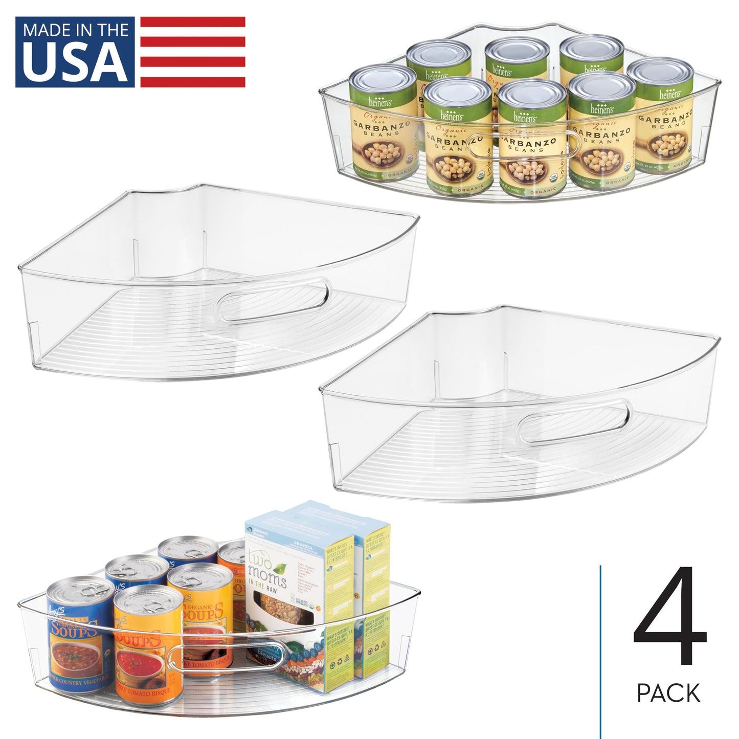 iDesign Clear Plastic 1/4 Wedge Bin for Corner Lazy Susan Cabinet, Kitchen Cabinet Organizer, 4-Pack