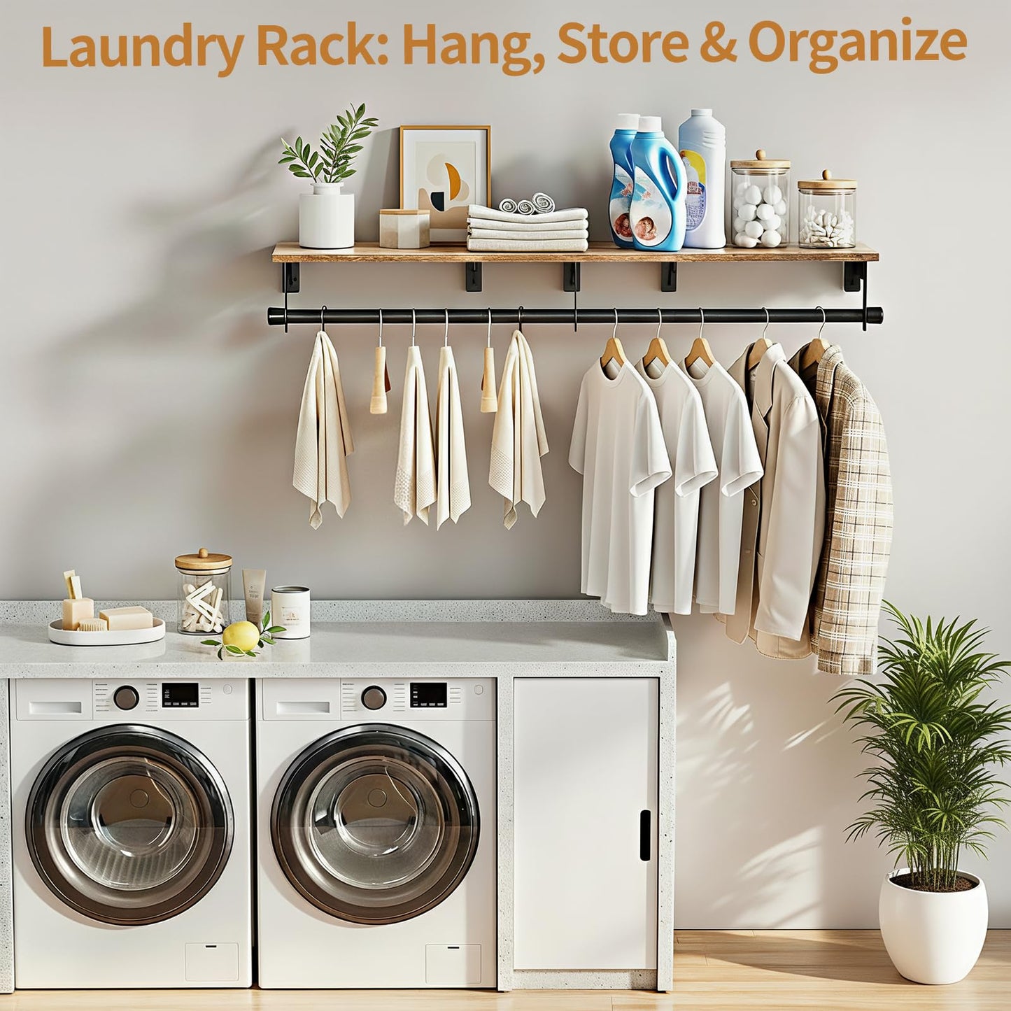 Luxspire Wall Mounted Clothes Rack, 43.3inch Clothing Racks with Top Shelf for Hanging Clothes, Heavy Duty Industrial Pipe Garment Rack, Laundry Room Shelves Closet Storage, Large