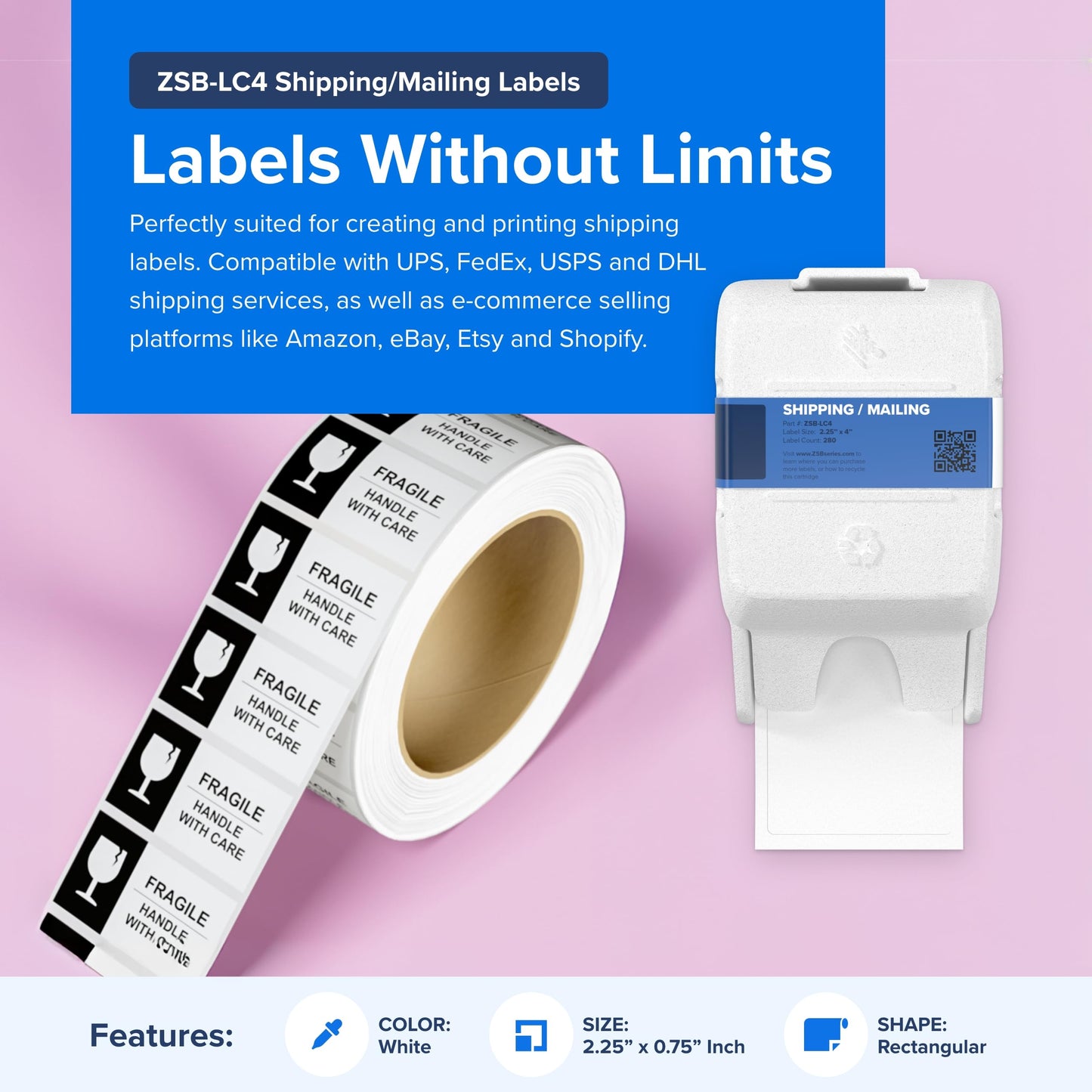 Zebra ZSB Series Labels - Potato Starch-Based Printer Label Paper - Recyclable Cartridge for Stickers - Versatile, Cloud-Based Adhesive - Mailing, 2.25" x 4"