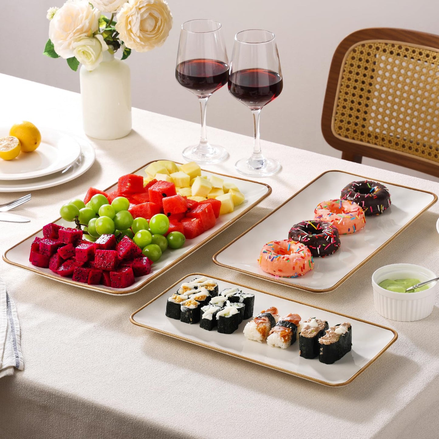 CULIVORA Ceramic Rectangle Serving Platter with Brown Rim: 15.6/14.1/12.6 Inch Large Serving Dishes for Entertaining Party, Sushi, Turkey, Cheese, Snack and Dessert, Microwave Dishwasher Safe
