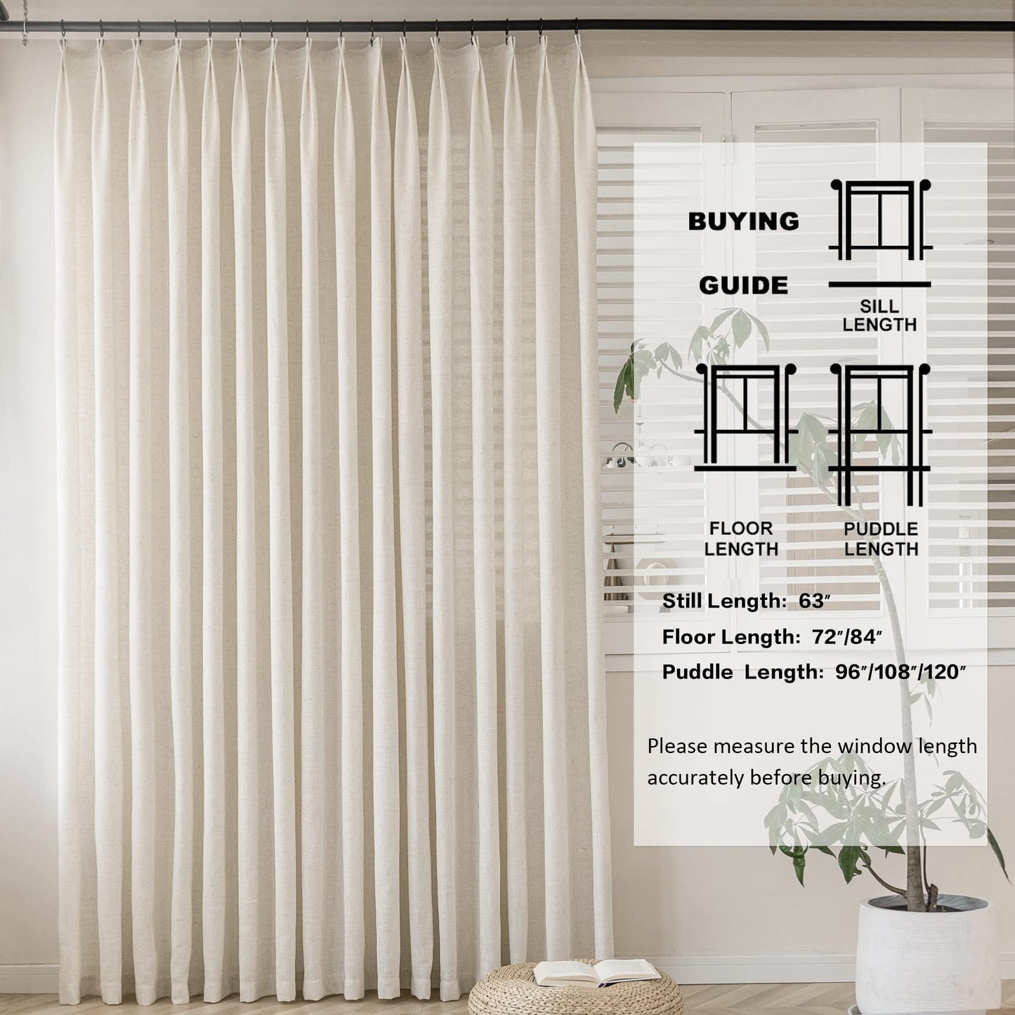 MAIHER 100 Inch Wide Pinch Pleated Curtains, Light Filtering Linen Texture Semi Sheer Curtains 96 Inches Long for Living Room Soft Drapery Pinch Pleat Drapes with Hooks 1 Panel, 100 W x 96 L