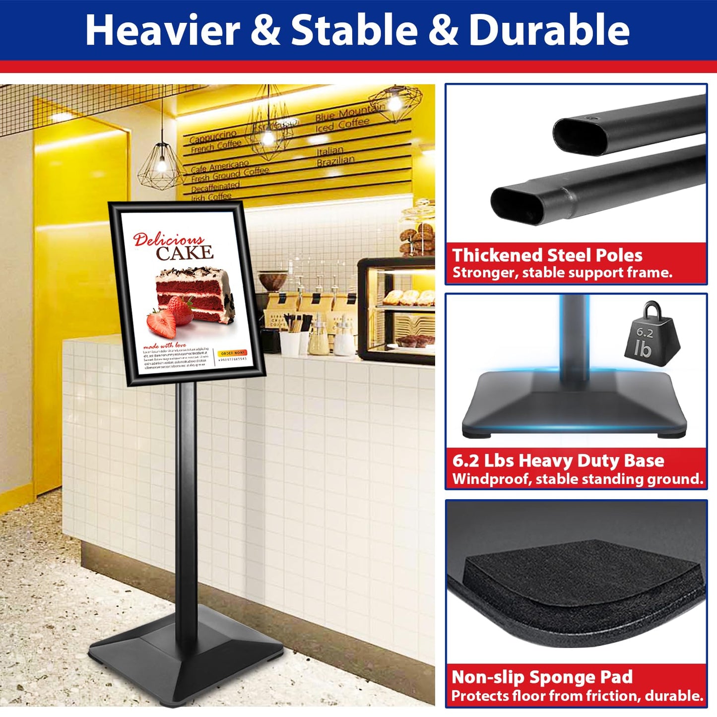 VAIIGO Pedestal Sign holder Stand 8.5x11inch Adjustable Standing Floor Sign Stand with Heavy Base & Snap Frame Display Stand for Indoor Outdoor Business Store Sign Holder Poster Stand (Black)