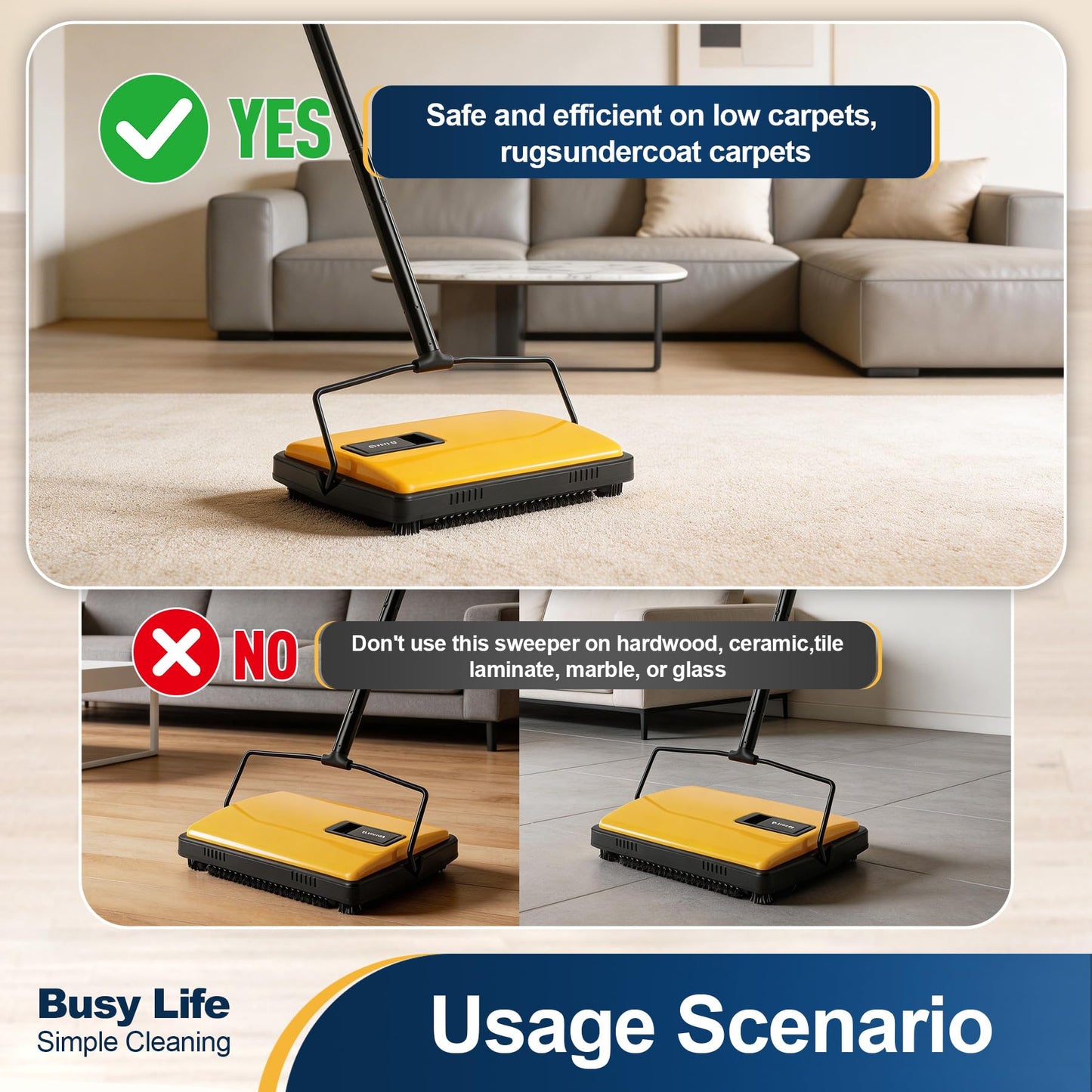 Yocada Manual Carpet Sweeper Cleaner Household Sweeper Hand Push Non-Electric Lightweight for Low&Undercoat Carpets Rugs Home Office Pet Hair Dust Scraps Paper Small Rubbish Cleaning 1*Extra Brush