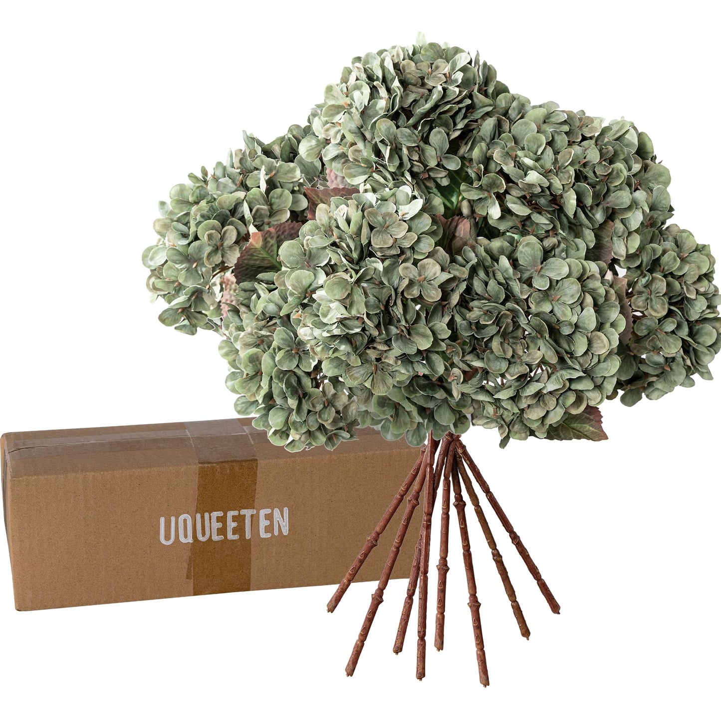 Uqueeten Hydrangea Artificial Flowers,Green Artificial Flower Fake Silk Hydrangea, Heads Bouquet with Stems Bulk for Fall Decoration Table Center Indoor Outdoor Faux Floral Plants 8pcs (Green)