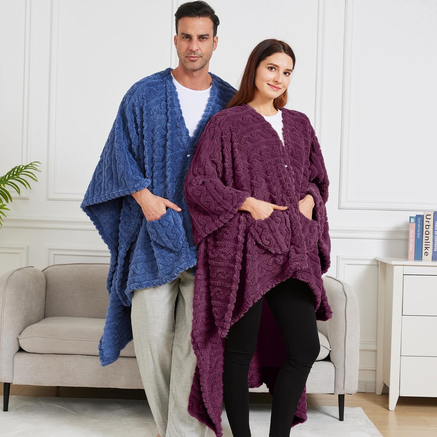 Dgsfmi Wearable Blanket Poncho Cape Wrap for Adult, Cozy Sherpa Fleece Pocketed Shawl TV Throw Blankets for Office and Lounge(Purple,58'' x 64'')