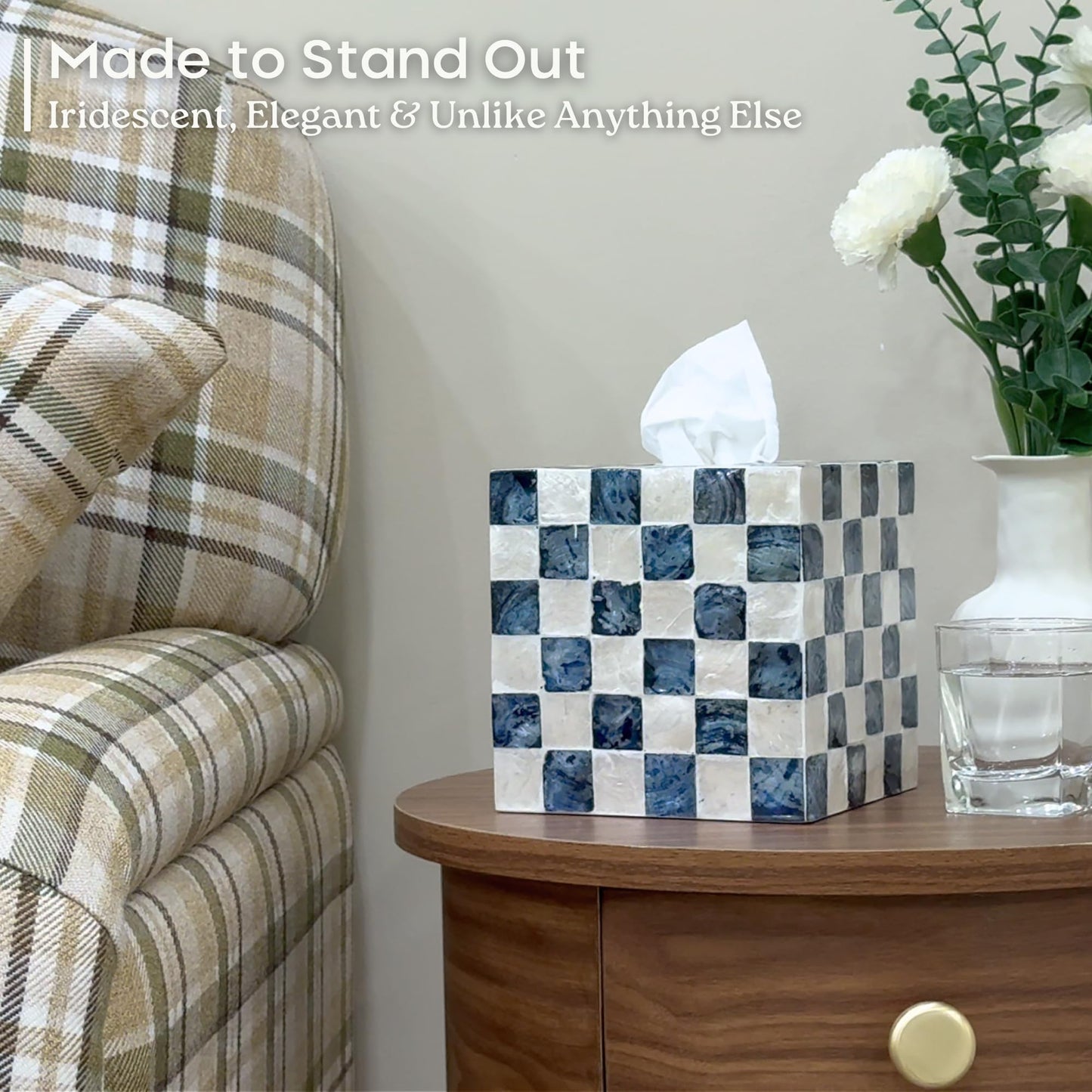 CHI AN HOME 5.7" Square Tissue Box Cover, Handmade Checkered Cube Tissue Box Cover with Capiz Shells, Decorative Mother of Pearl Tissue Holder for Living Room, Bathroom, Bedroom or Office (Navy Blue)