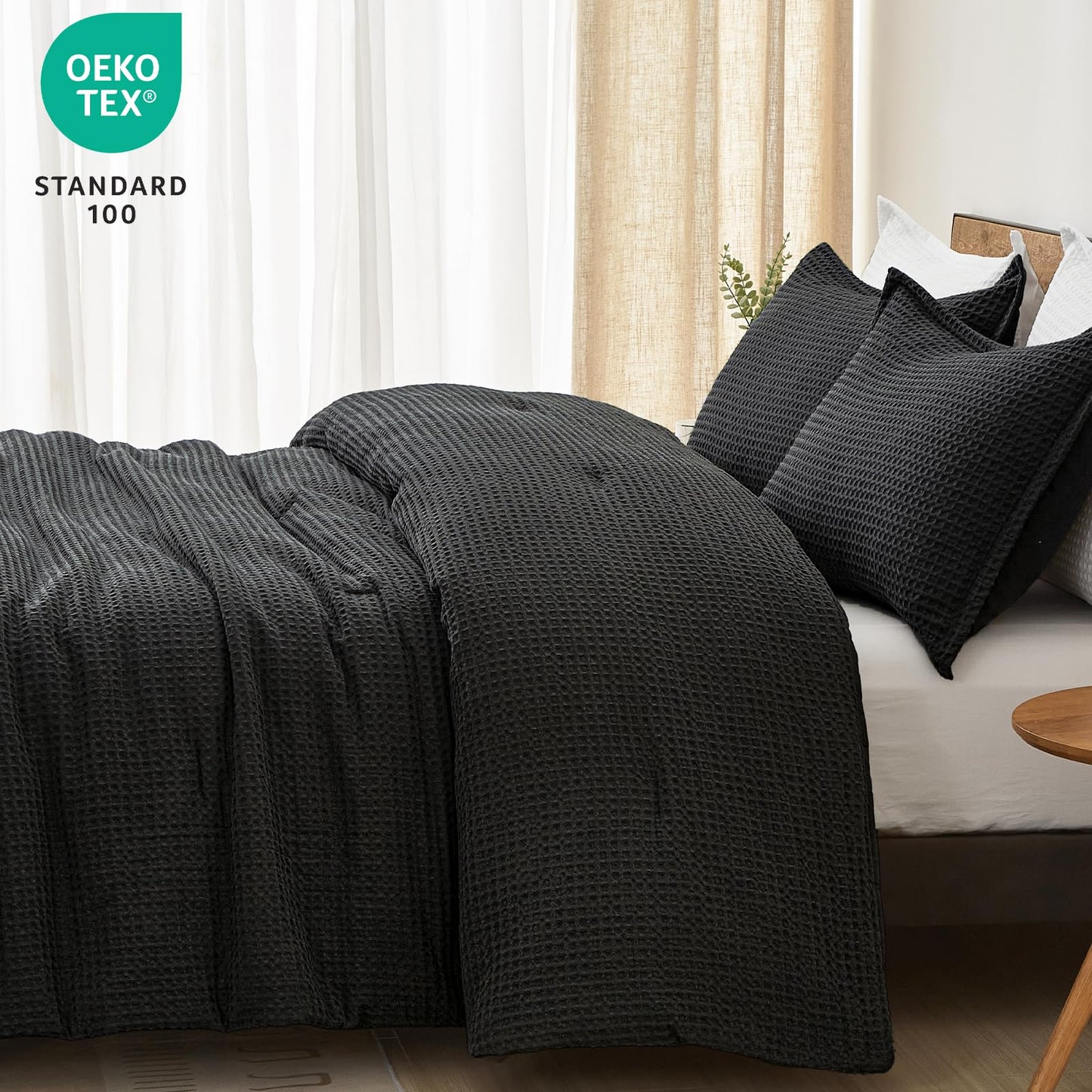 PHF Ultra Soft Waffle Weave Comforter Set Queen Size, 3 Pieces Lightweight Breathable Comfy Bedding Set, Comfy Textured 1 Comforter with 2 Pillow Shams, Black